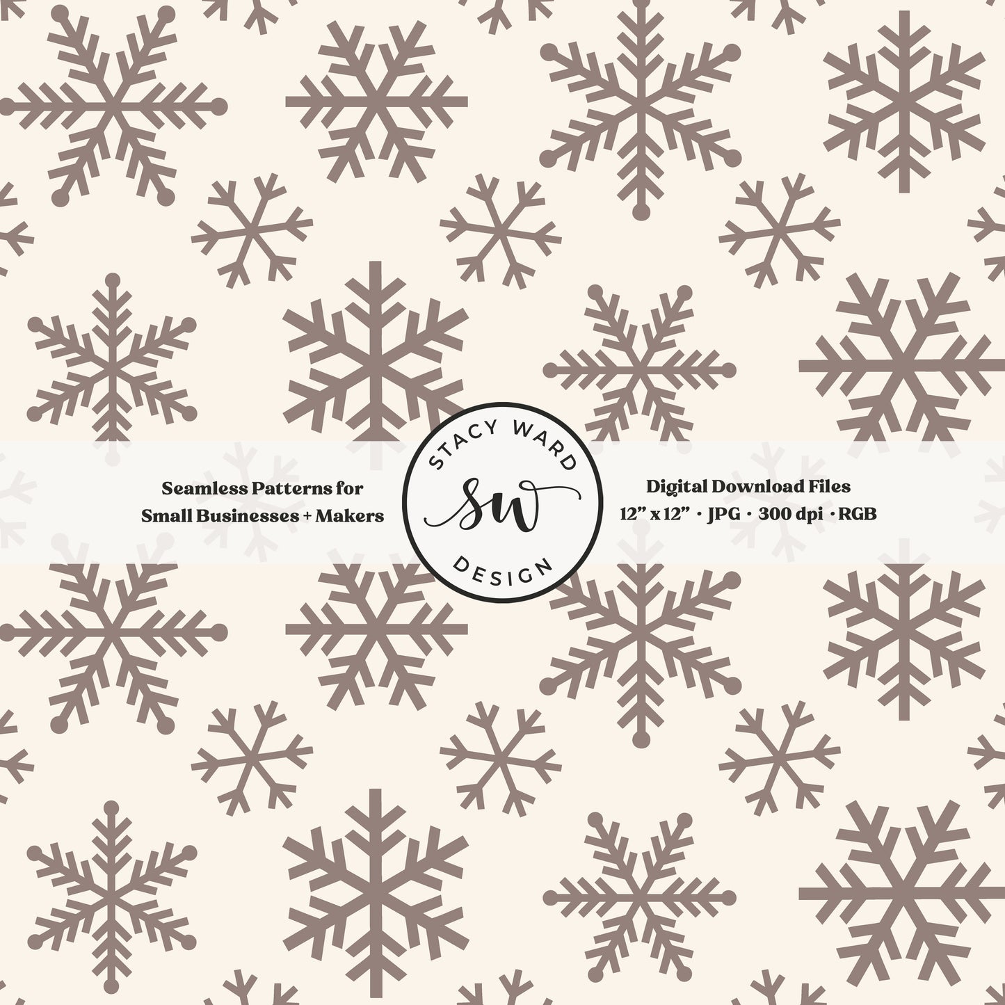 Nordic inspired snowflakes seamless pattern in taupe greige on cream tossed allover ice crystals