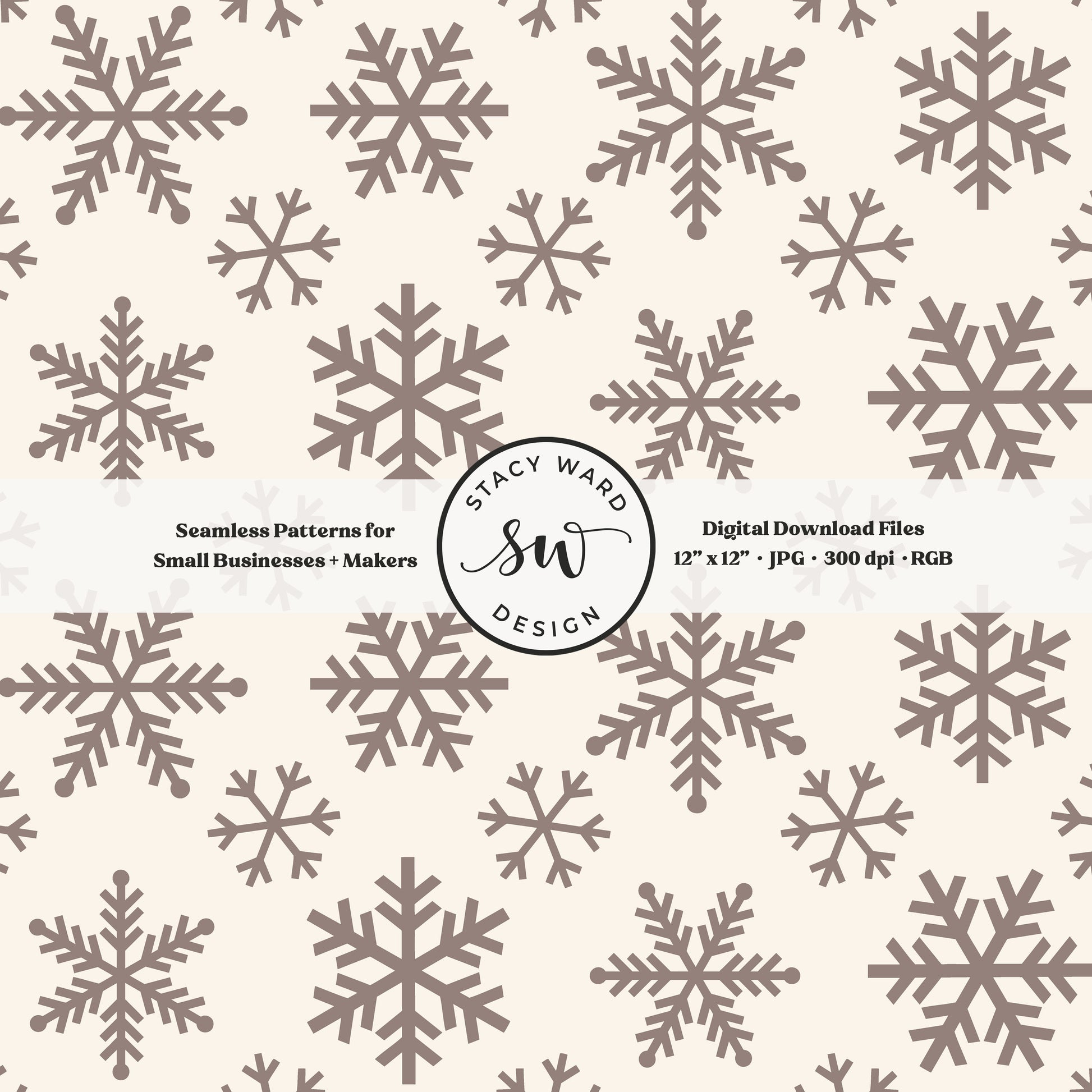 Nordic inspired snowflakes seamless pattern in taupe greige on cream tossed allover ice crystals