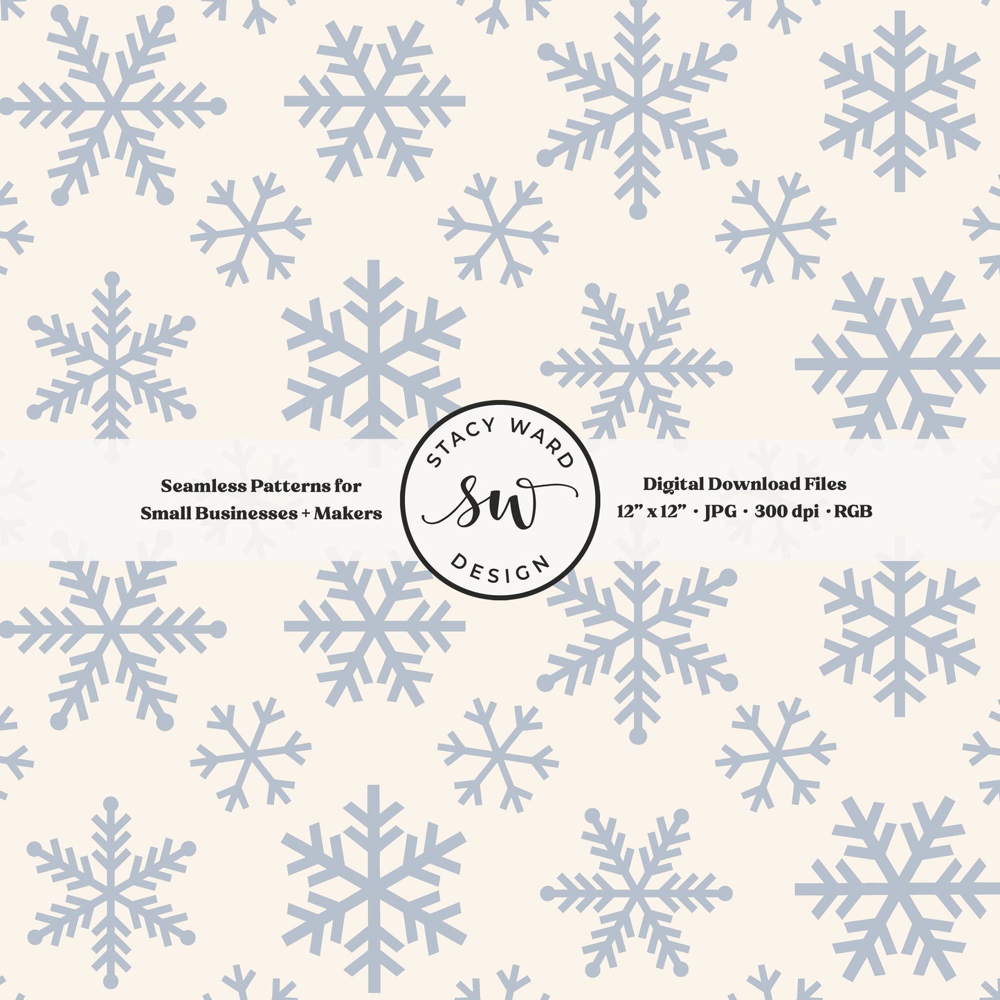 Nordic inspired snowflakes seamless pattern in pastel blue on cream tossed allover ice crystals