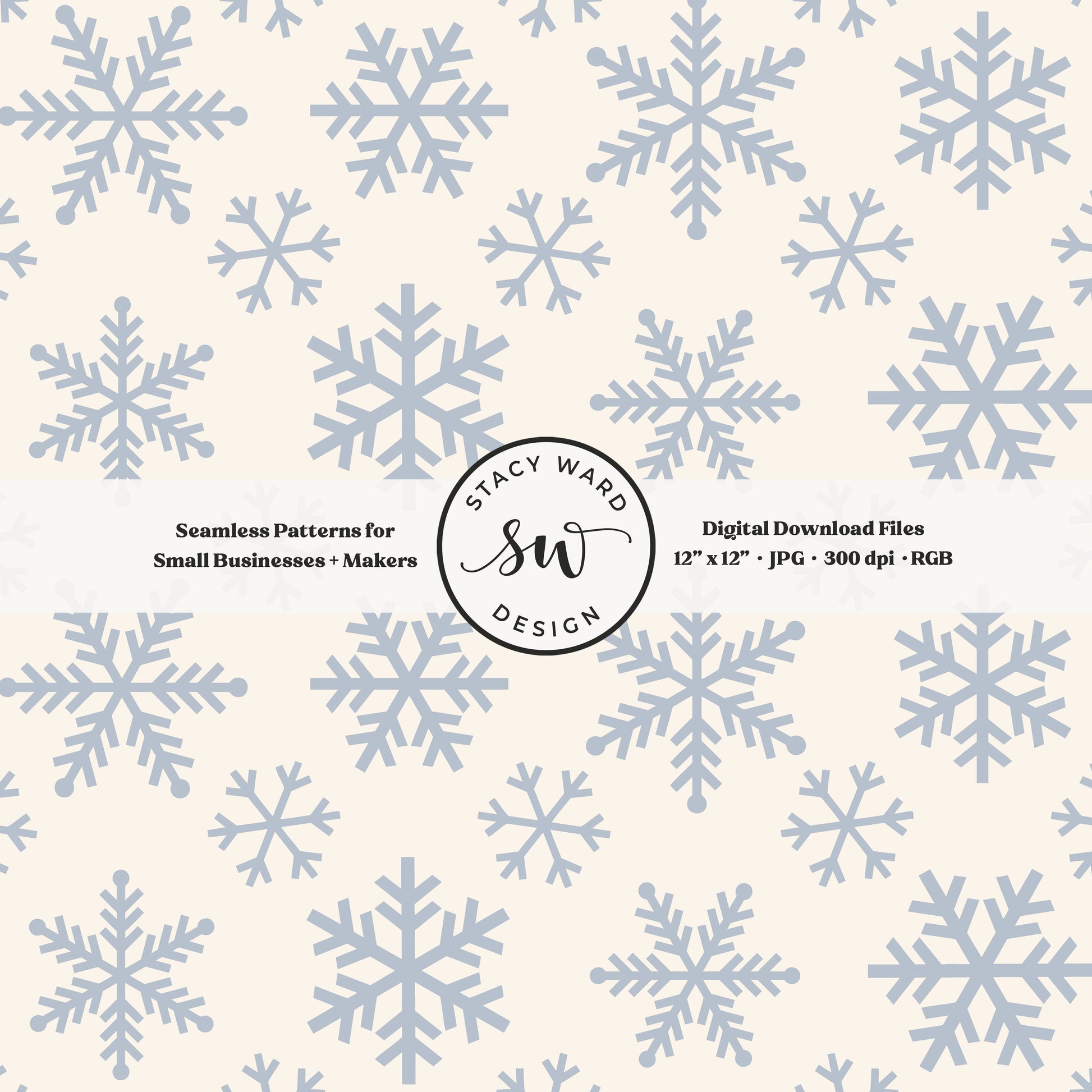 Nordic inspired snowflakes seamless pattern in pastel blue on cream tossed allover ice crystals