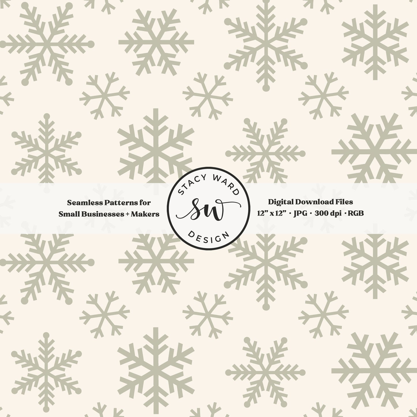 Nordic inspired snowflakes seamless pattern in sage green on cream tossed allover ice crystals