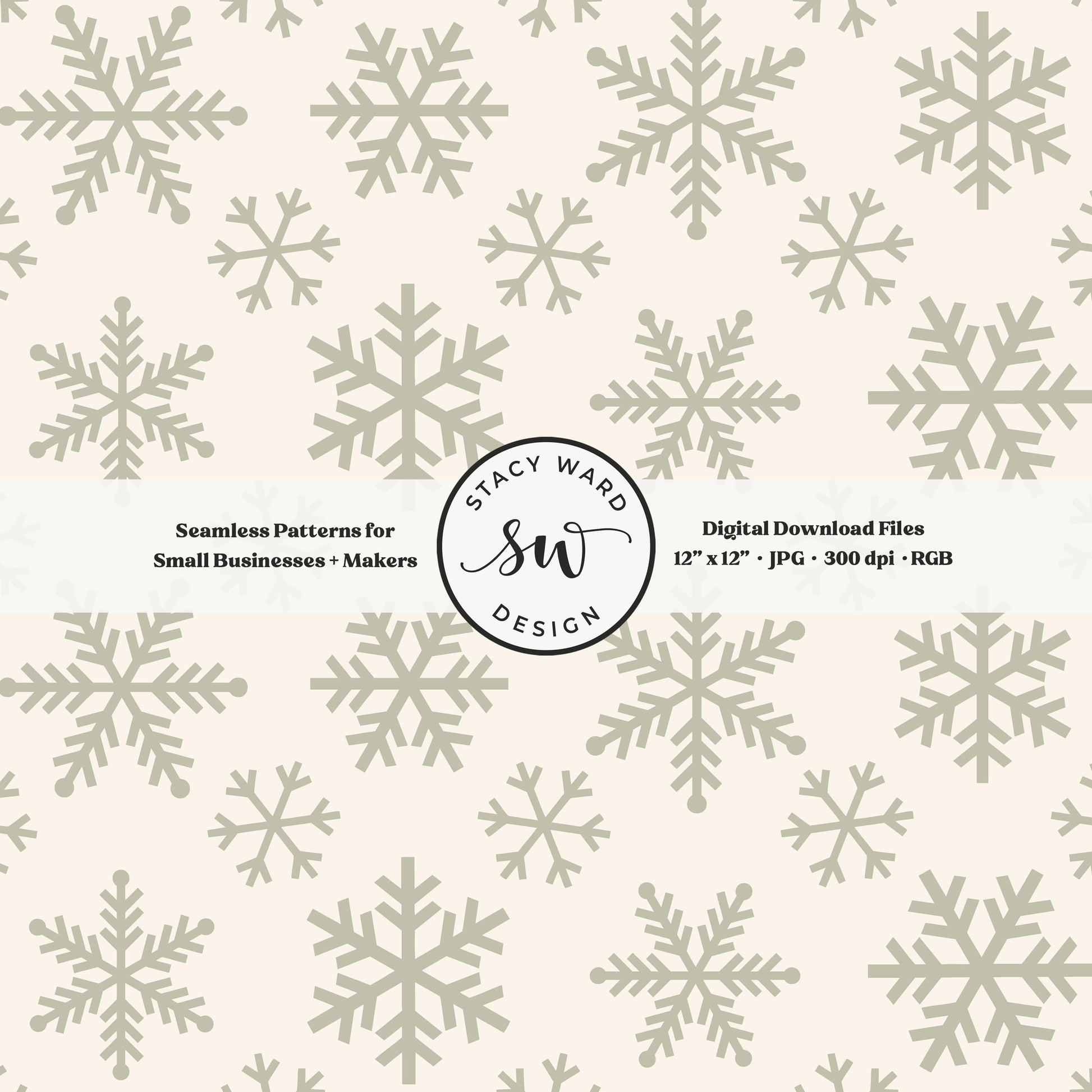 Nordic inspired snowflakes seamless pattern in sage green on cream tossed allover ice crystals