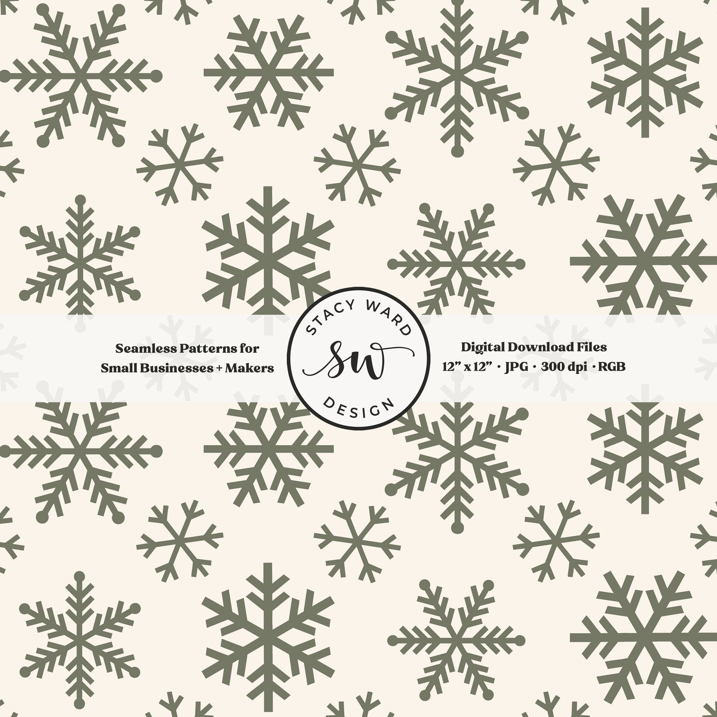 Nordic inspired snowflakes seamless pattern in olive green on cream tossed allover ice crystals