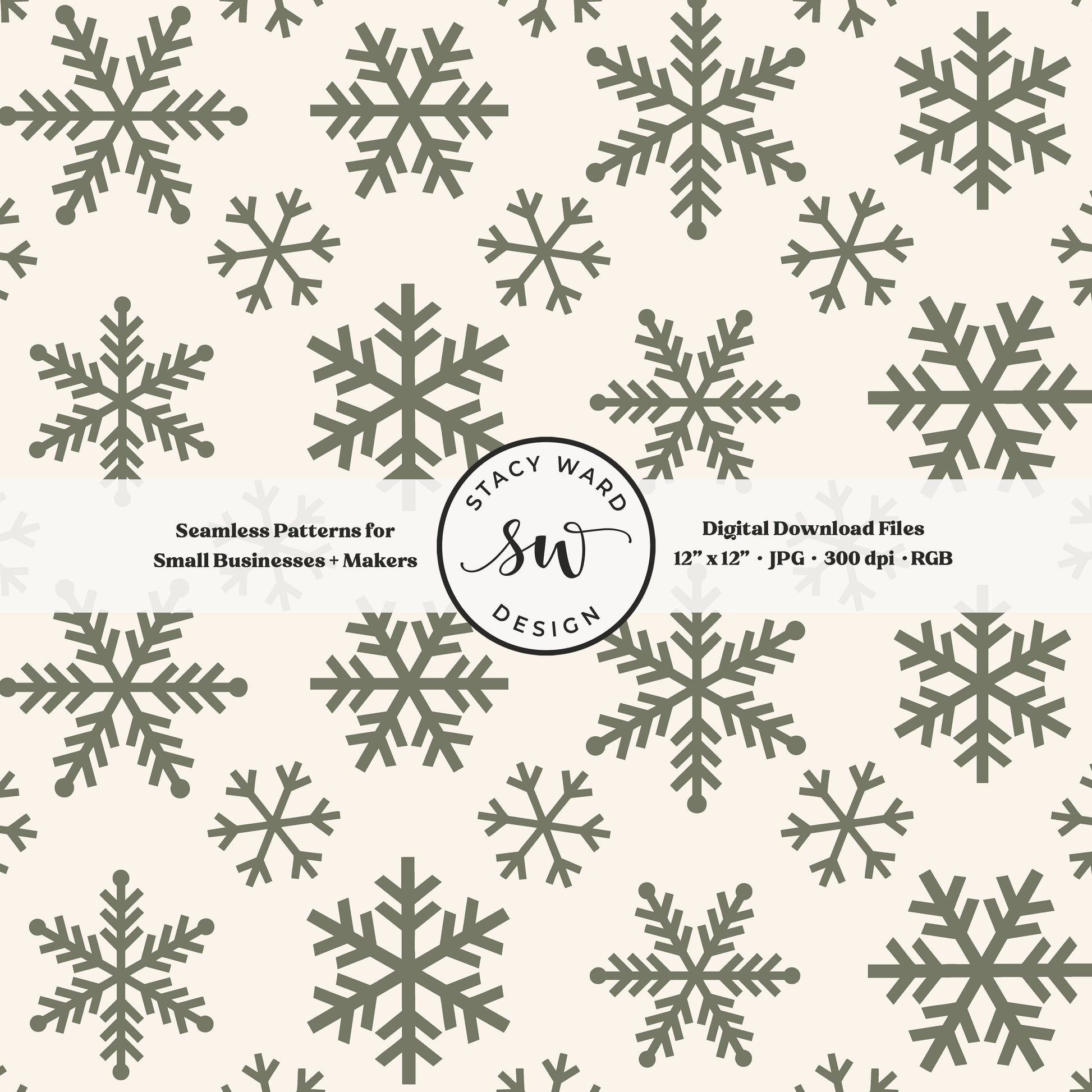 Nordic inspired snowflakes seamless pattern in olive green on cream tossed allover ice crystals