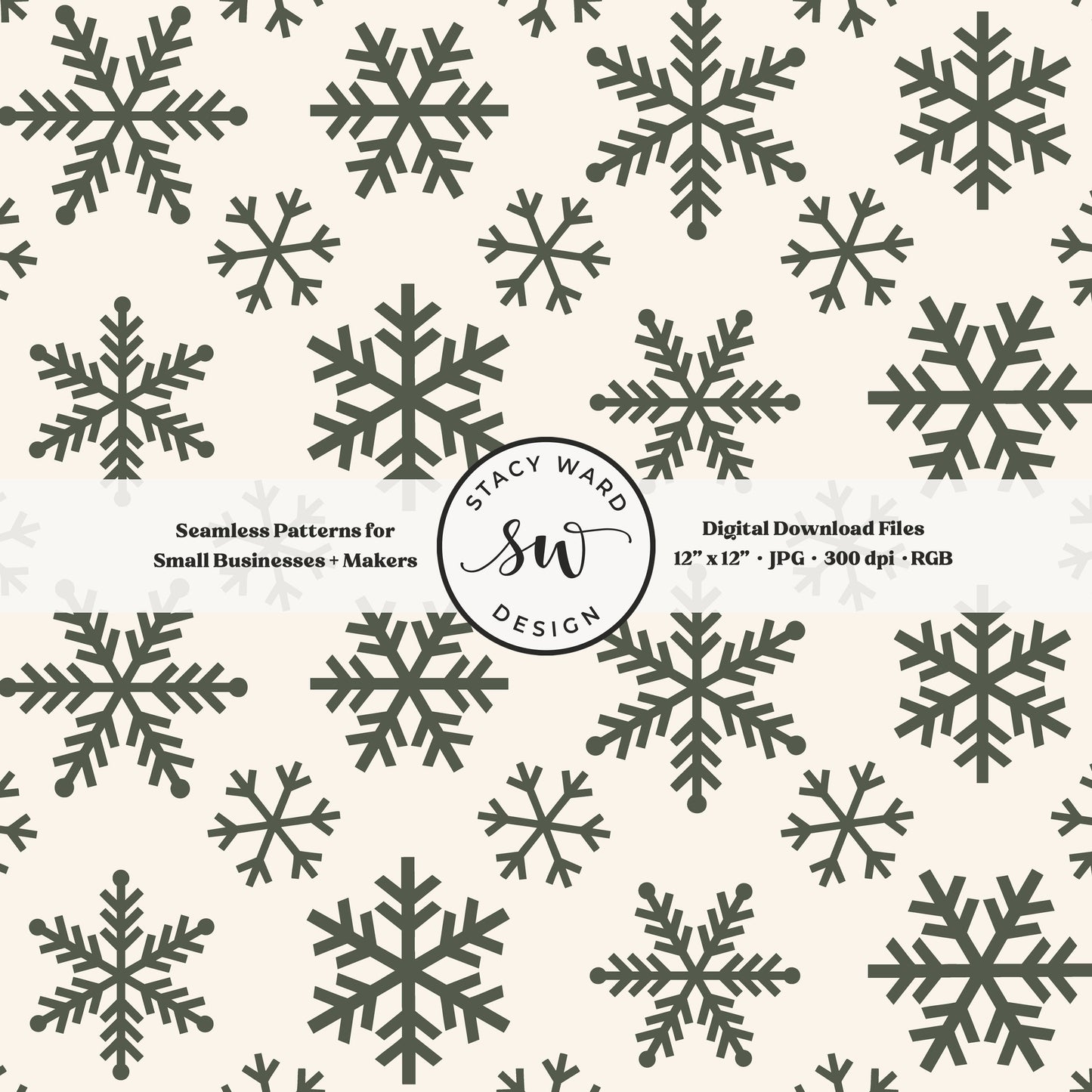 Nordic inspired snowflakes seamless pattern in forest green on cream tossed allover ice crystals