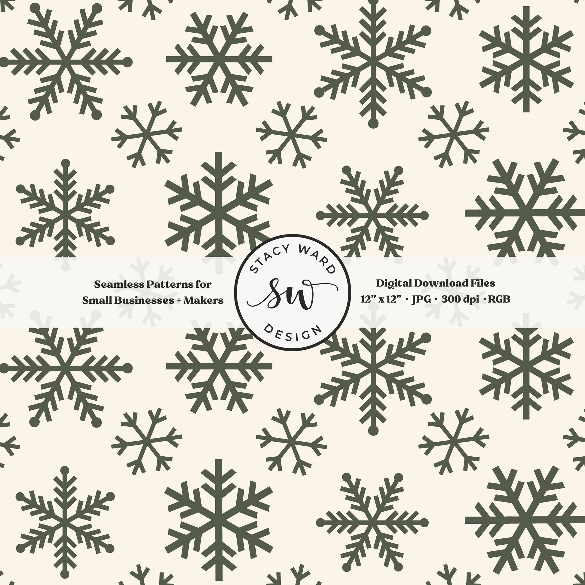 Nordic inspired snowflakes seamless pattern in forest green on cream tossed allover ice crystals