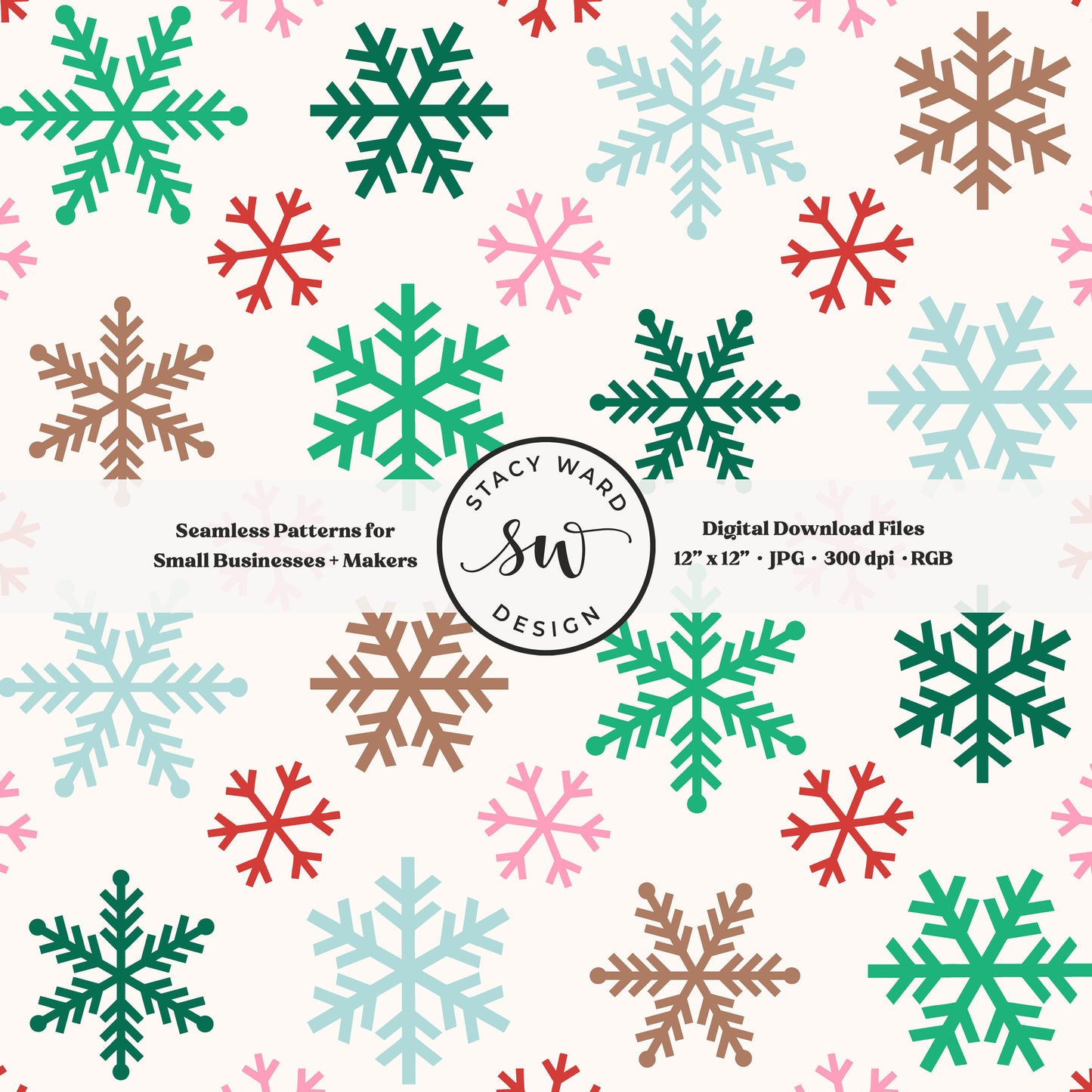 Festive snowflakes seamless pattern in retro bright colors on cream tossed allover ice crystals