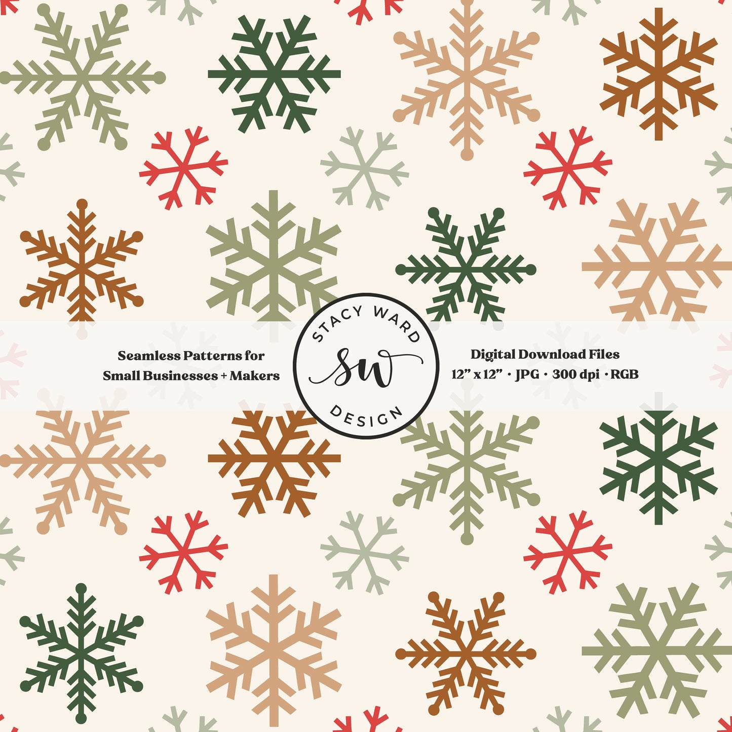 Festive snowflakes seamless pattern in classic colors on cream tossed allover ice crystals