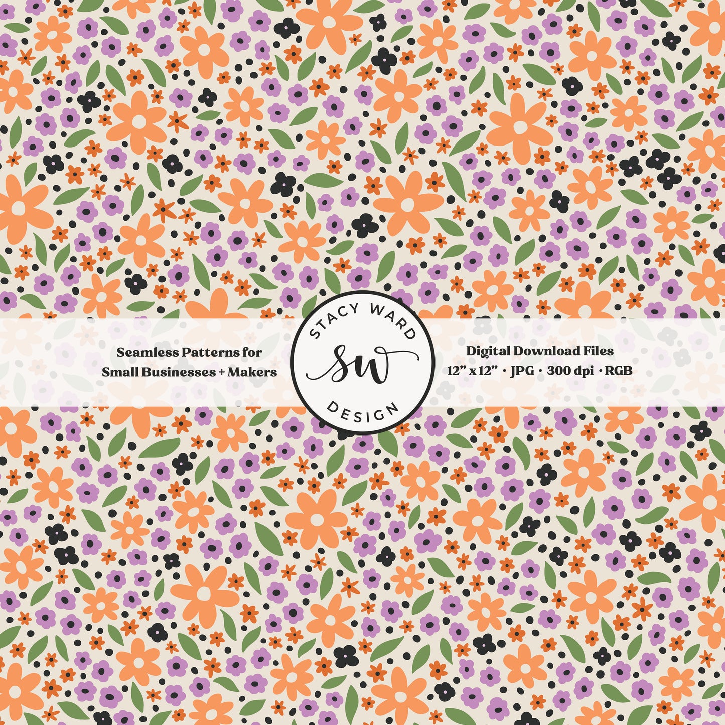 hand drawn ditsy daisy floral seamless pattern in orange purple and green on cream halloween spooky season tossed wildflowers