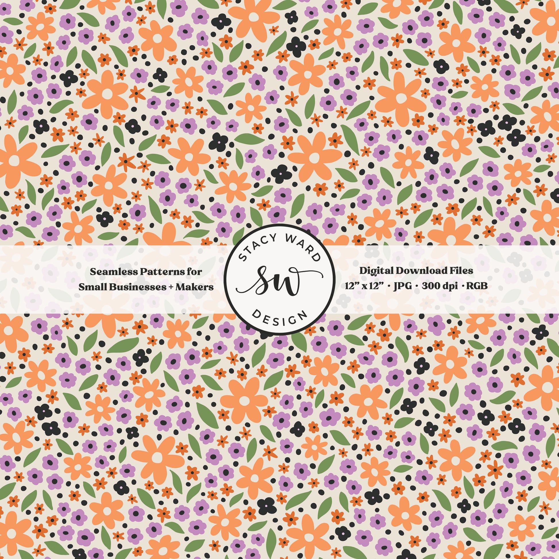 hand drawn ditsy daisy floral seamless pattern in orange purple and green on cream halloween spooky season tossed wildflowers