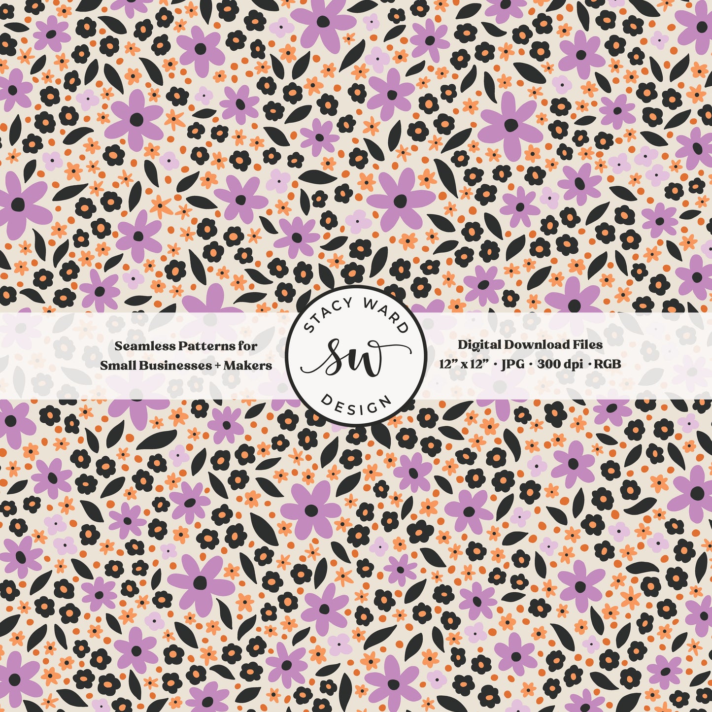 hand drawn ditsy daisy floral seamless pattern in purple orange and black on cream vintage halloween gothic scattered daisies