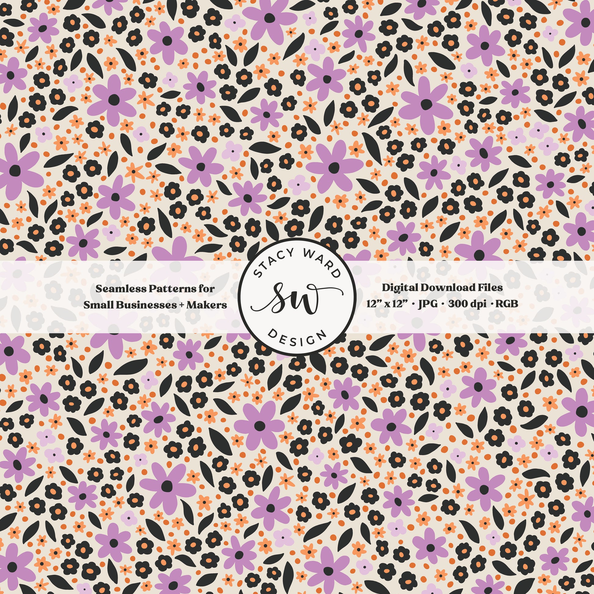 hand drawn ditsy daisy floral seamless pattern in purple orange and black on cream vintage halloween gothic scattered daisies