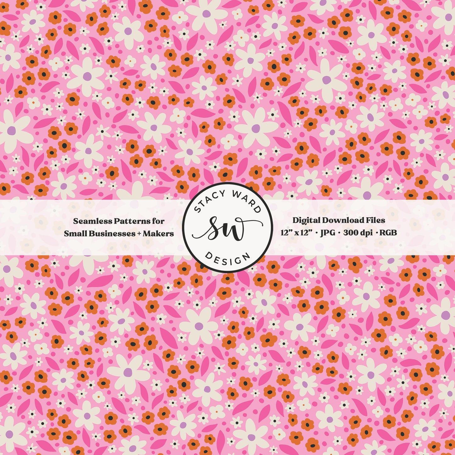 hand drawn ditsy daisy floral seamless pattern in cream orange and hot pink on soft pink girly pastel halloween daisies