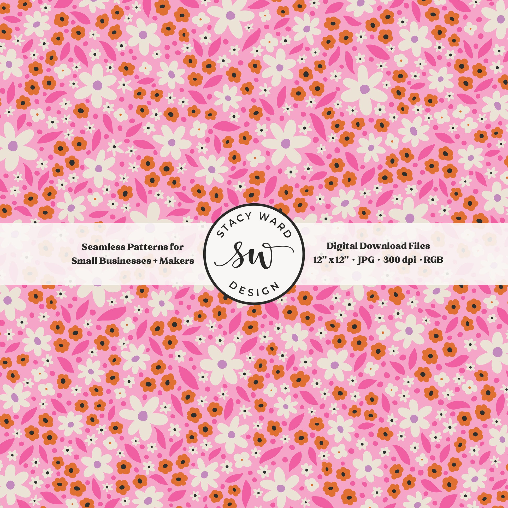 hand drawn ditsy daisy floral seamless pattern in cream orange and hot pink on soft pink girly pastel halloween daisies
