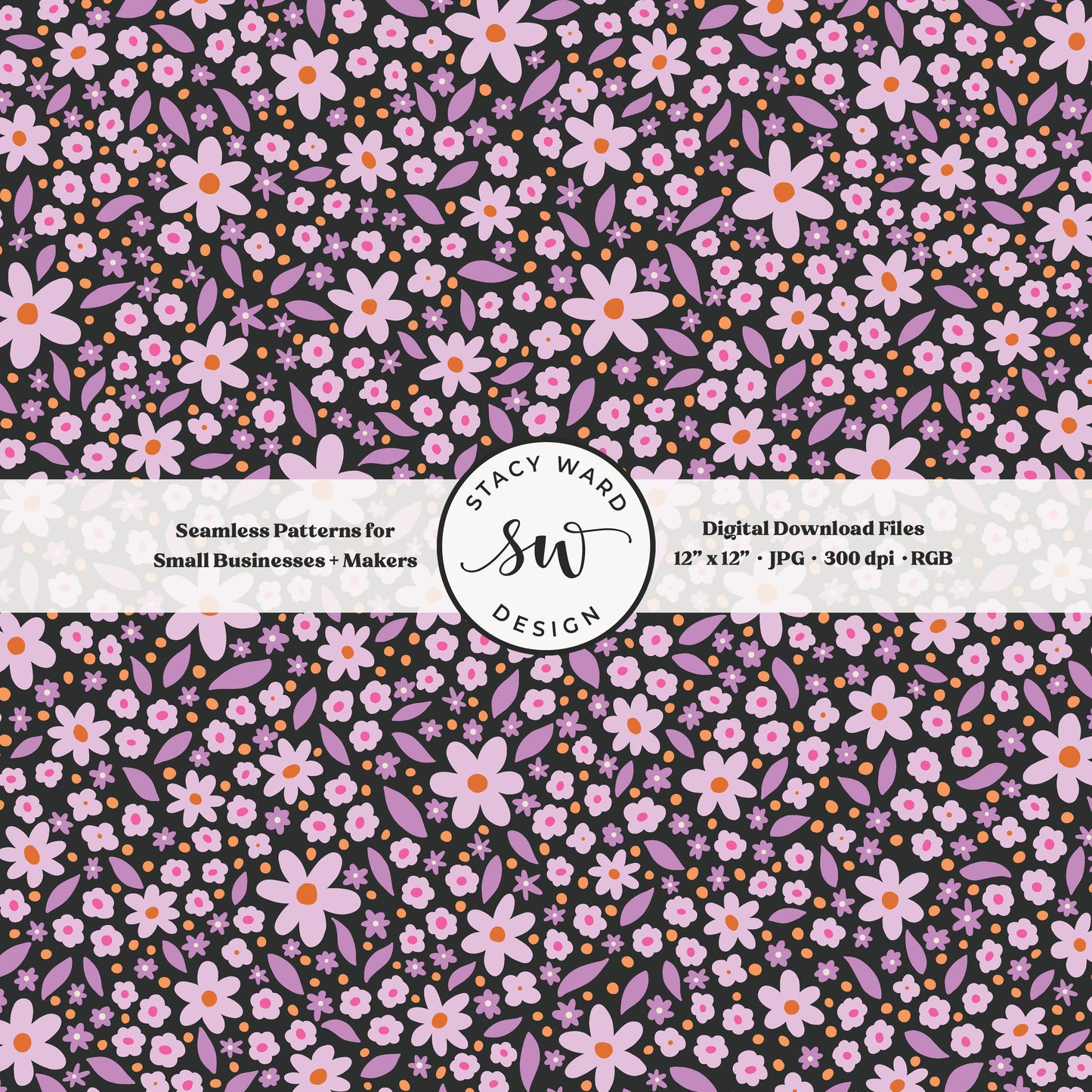 hand drawn ditsy daisy floral seamless pattern in lavender and purple on black gothic dark academia halloween florals