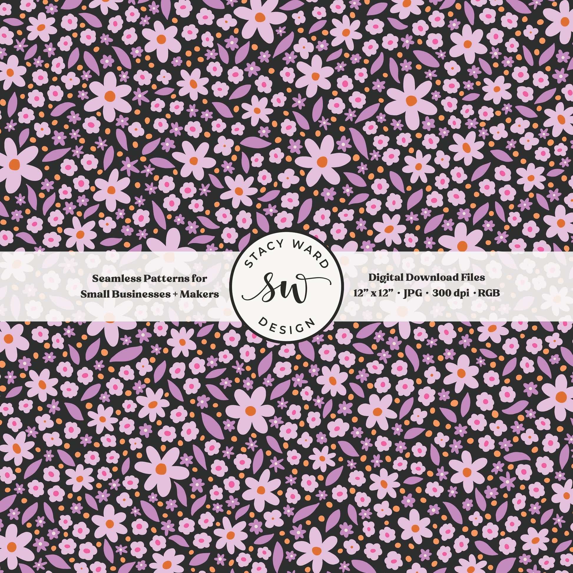 hand drawn ditsy daisy floral seamless pattern in lavender and purple on black gothic dark academia halloween florals
