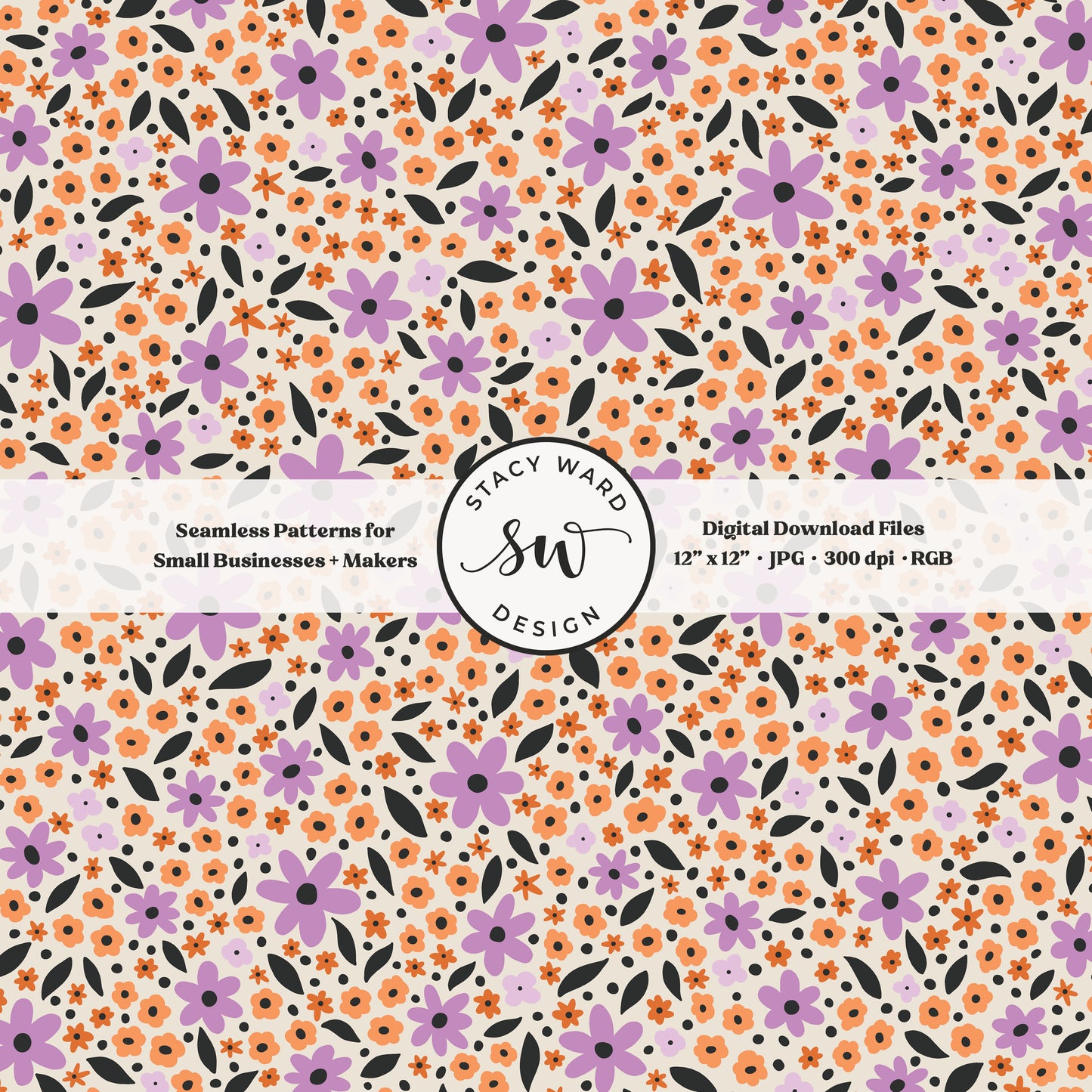 hand drawn ditsy daisy floral seamless pattern in purple and orange on cream retro vintage halloween tossed wildflowers