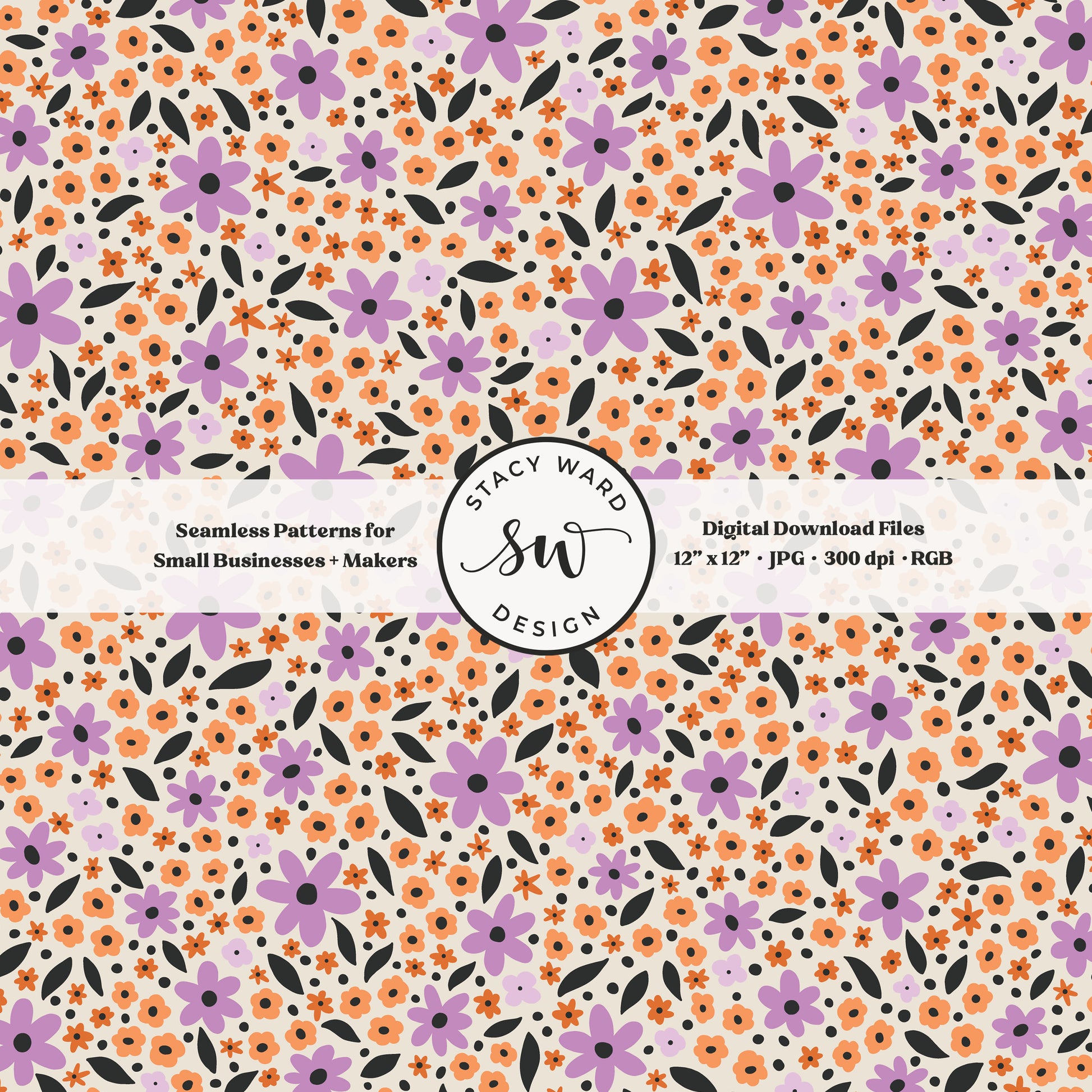 hand drawn ditsy daisy floral seamless pattern in purple and orange on cream retro vintage halloween tossed wildflowers