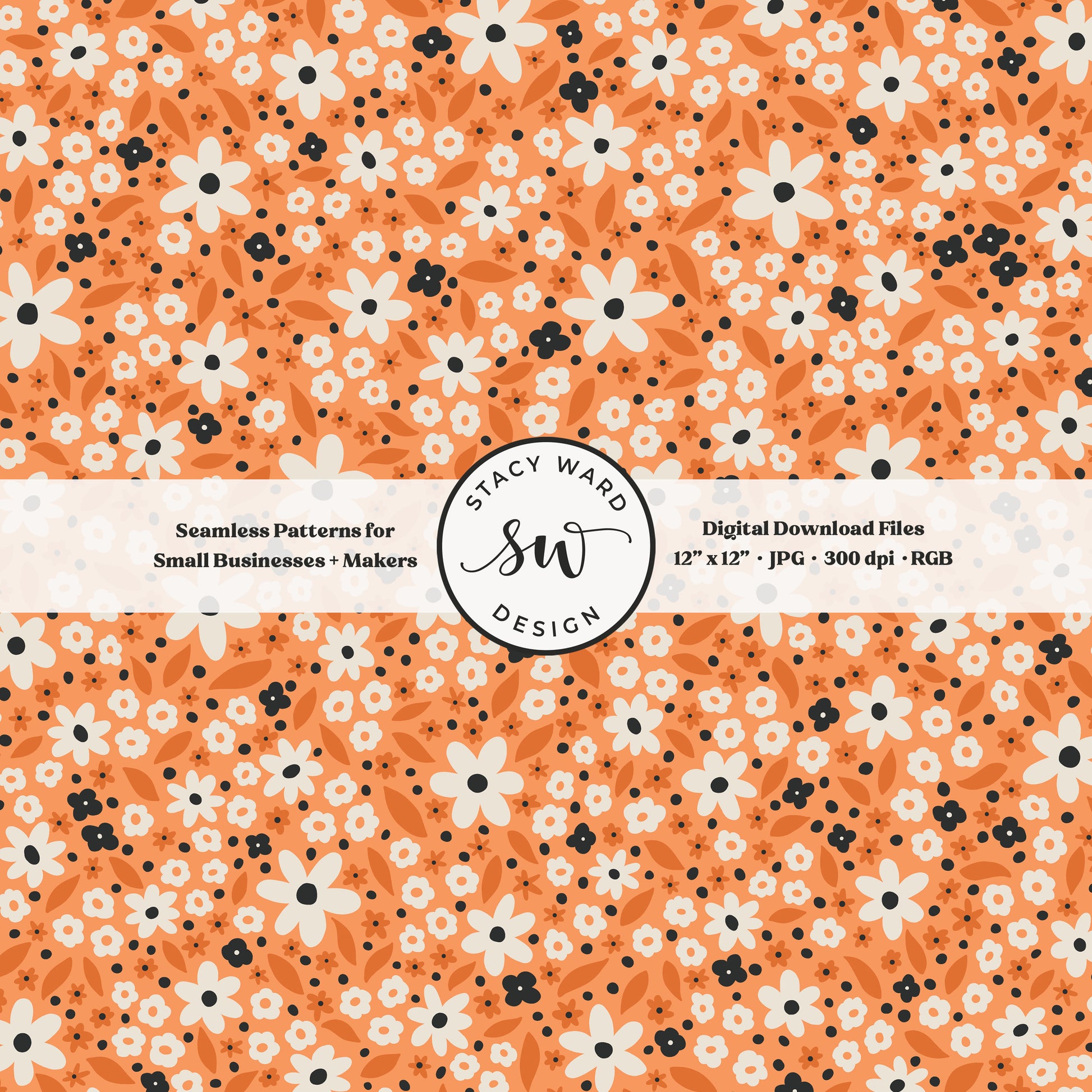 hand drawn ditsy daisy floral seamless pattern in cream and black on bright orange classic halloween retro daisies