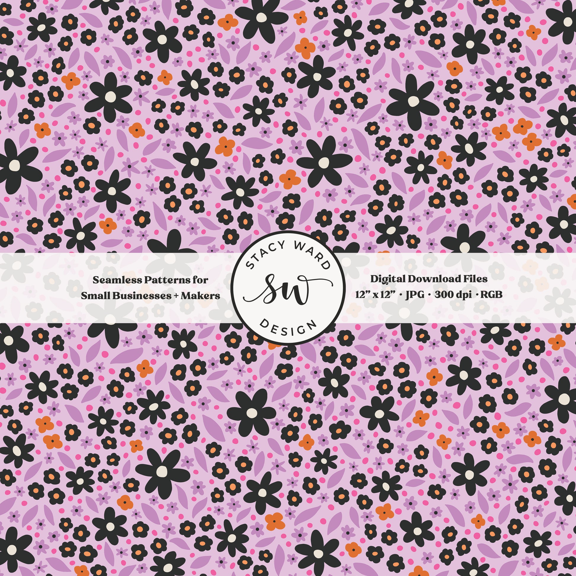 hand drawn ditsy daisy floral seamless pattern in black and purple on soft lavender moody gothic halloween florals