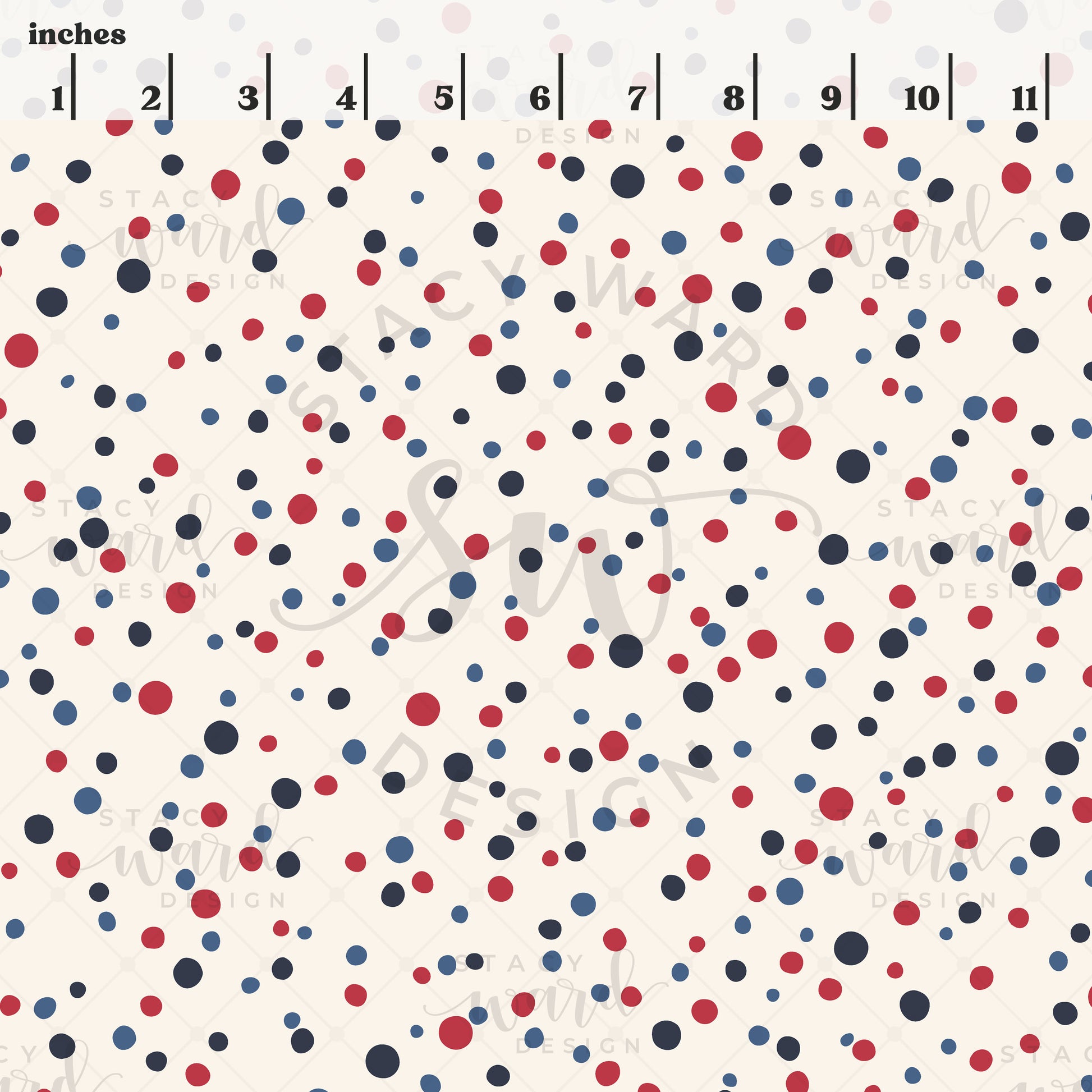 Scale reference for hand drawn polka dots seamless pattern showing repeat size in inches