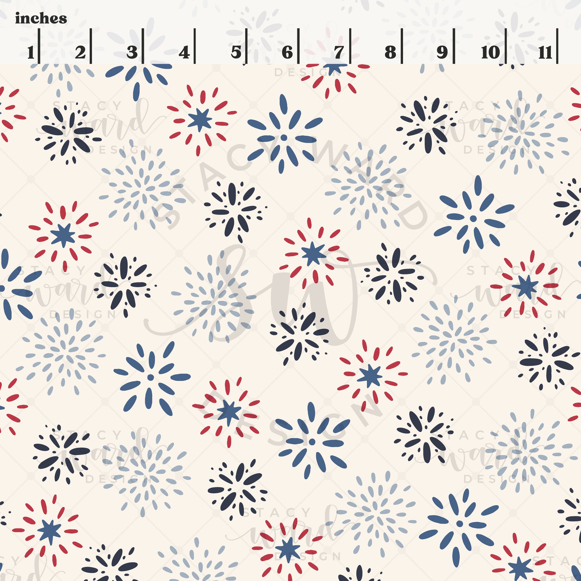 Scale reference for USA summer fireworks seamless pattern showing repeat size in inches
