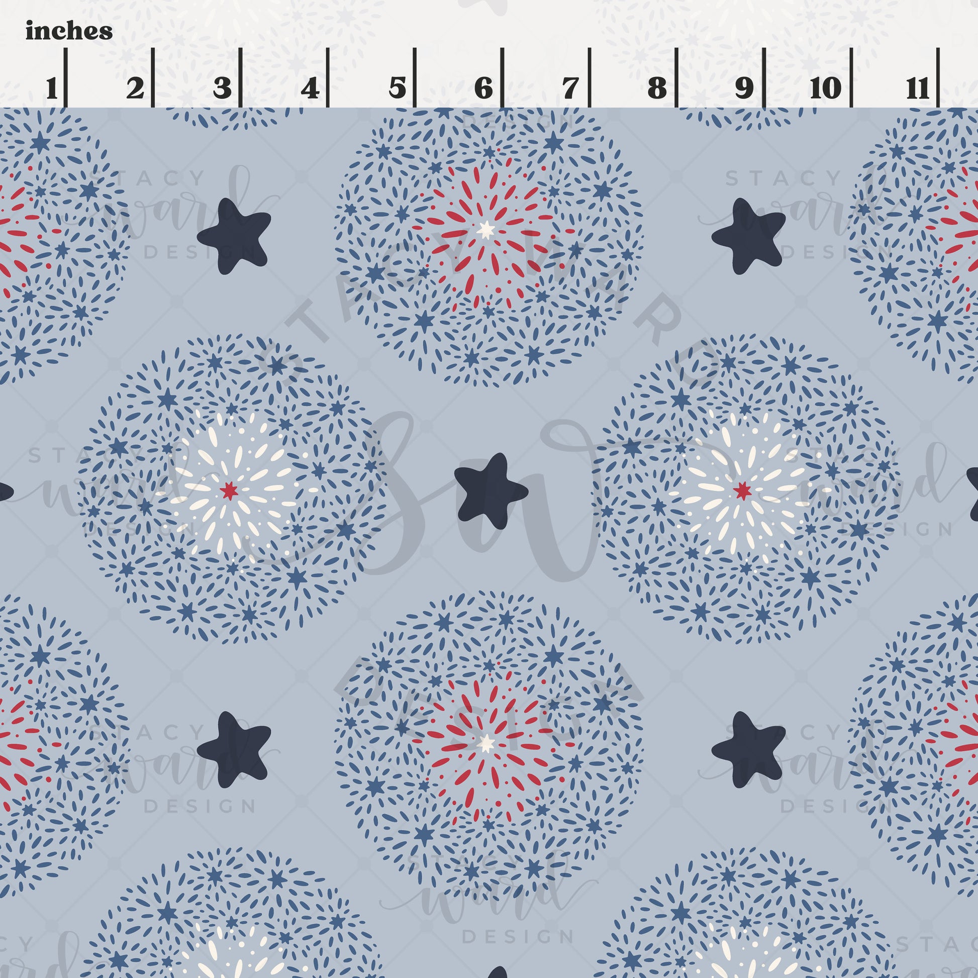 Scale reference for summer fireworks and stars seamless pattern showing repeat size in inches