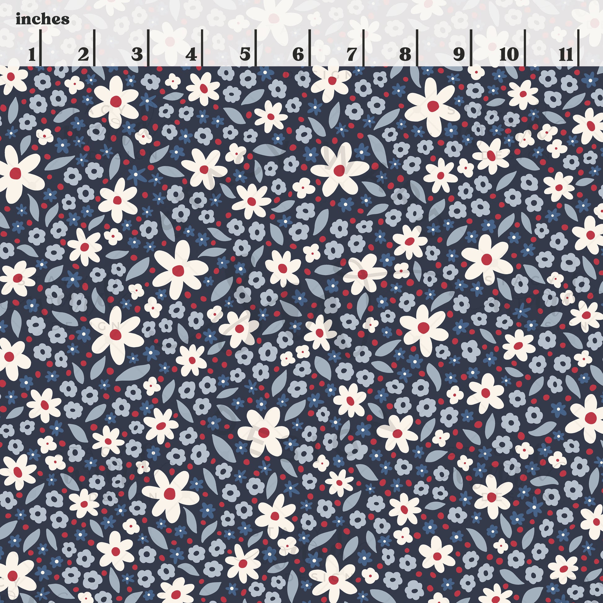 Scale reference for patriotic summer ditsy floral seamless pattern showing repeat size in inches