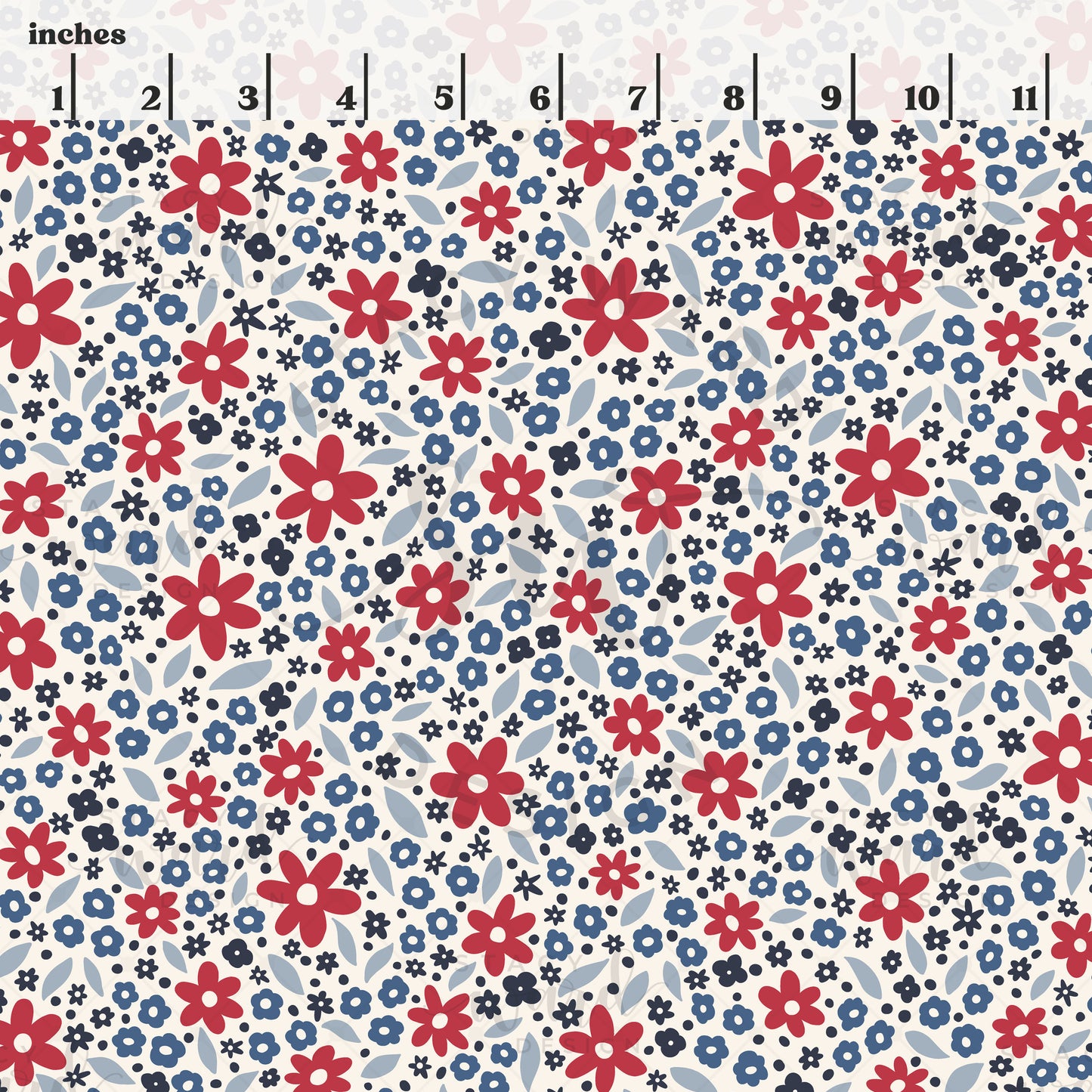 Scale reference for red white and blue ditsy floral seamless pattern showing repeat size in inches