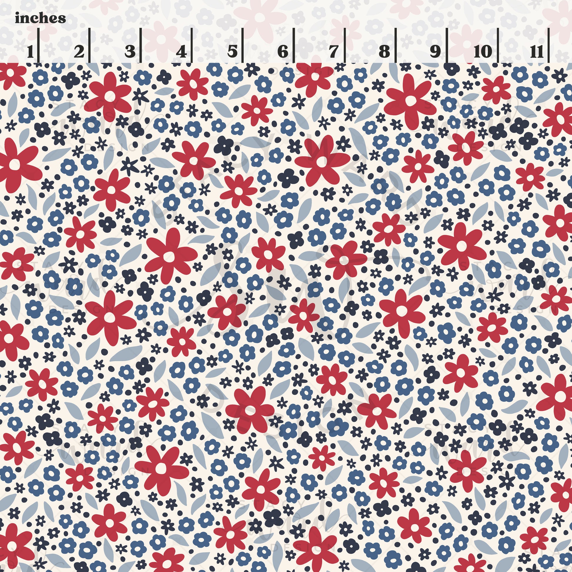 Scale reference for red white and blue ditsy floral seamless pattern showing repeat size in inches