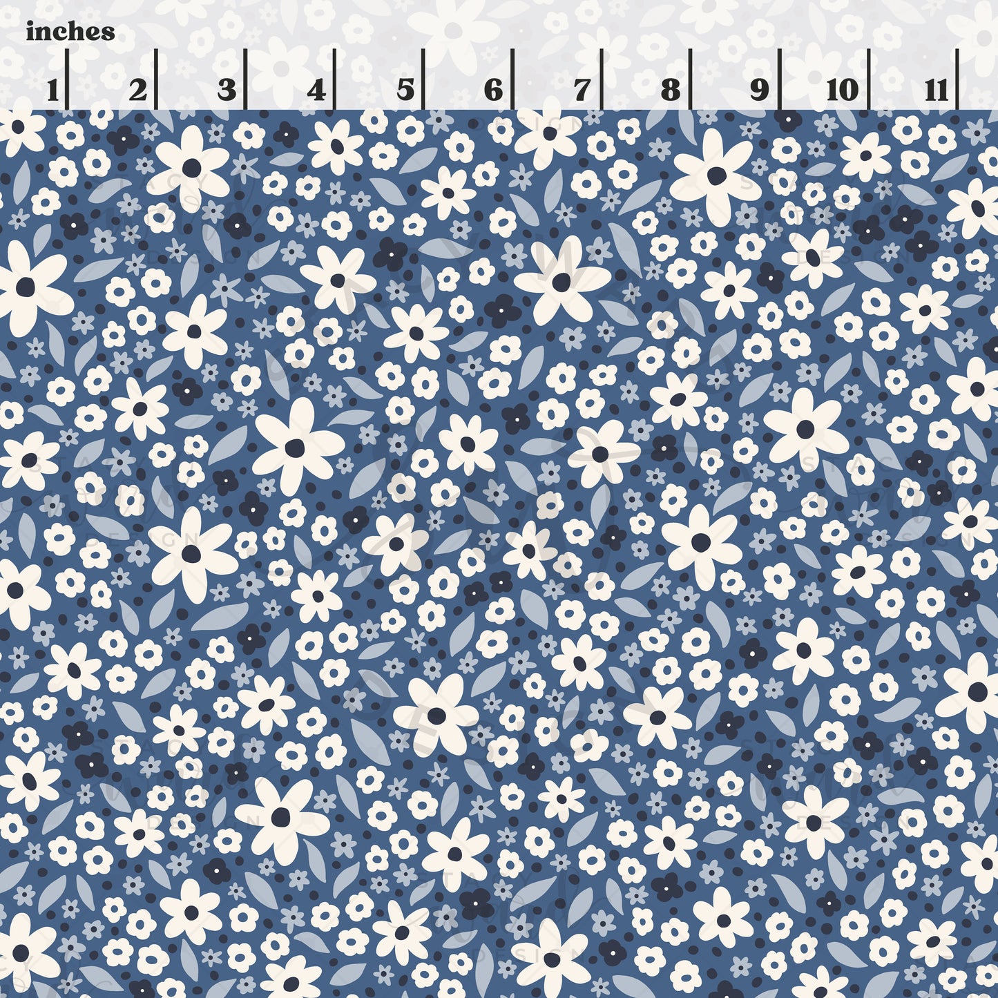 Scale reference for ditsy floral seamless pattern showing repeat size in inches
