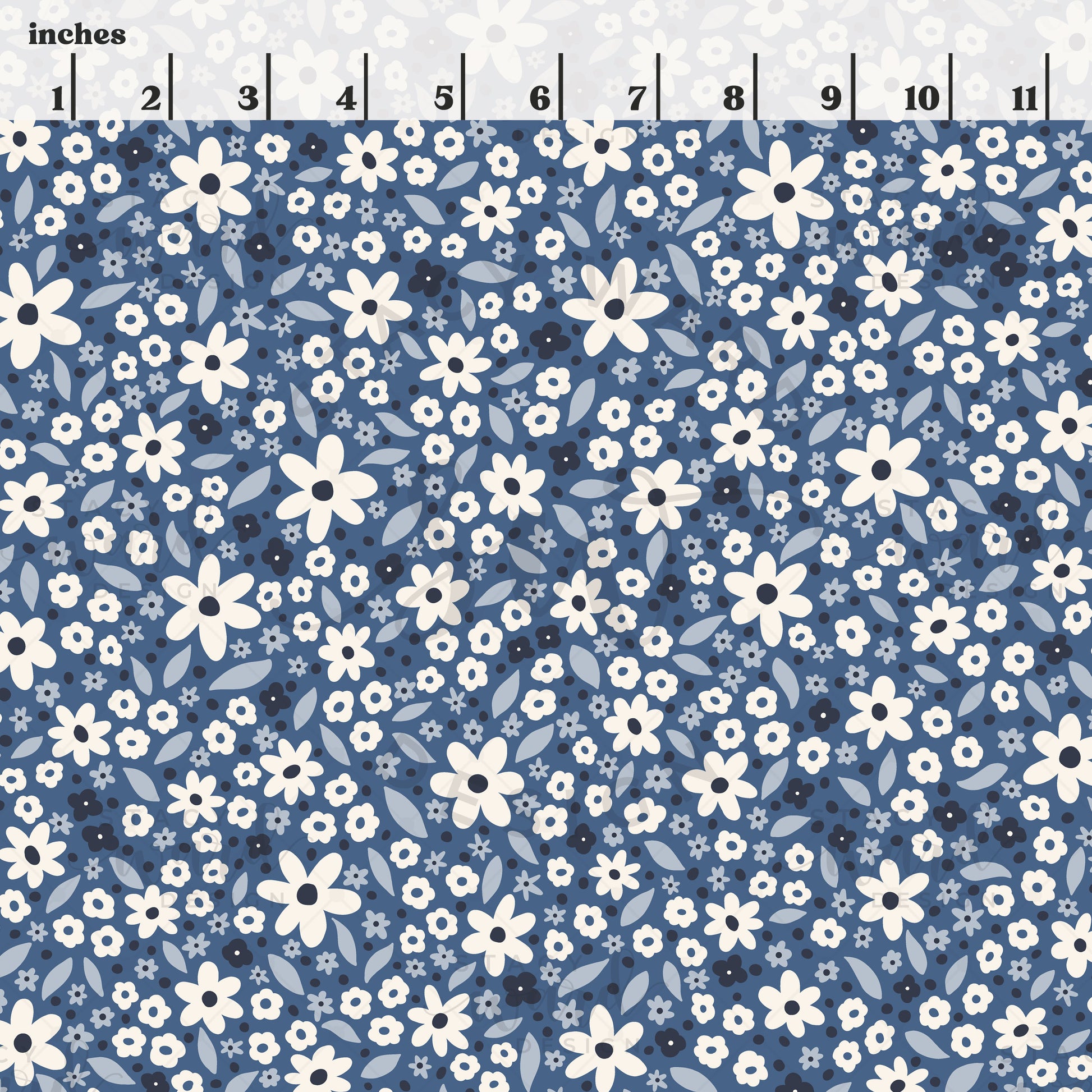 Scale reference for ditsy floral seamless pattern showing repeat size in inches