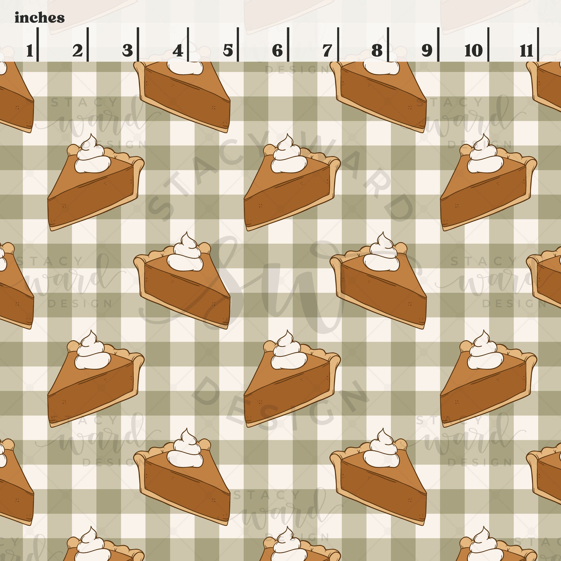 Scale reference for pumpkin pie seamless pattern showing repeat size in inches