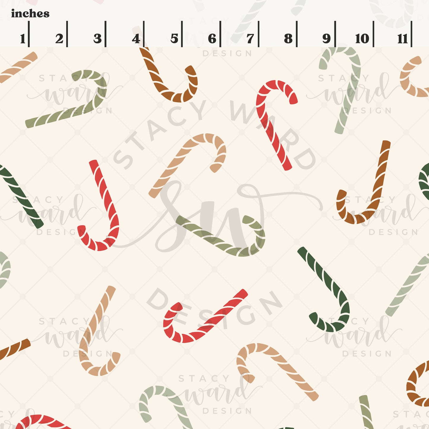 Scale reference for candy canes seamless pattern showing repeat size in inches