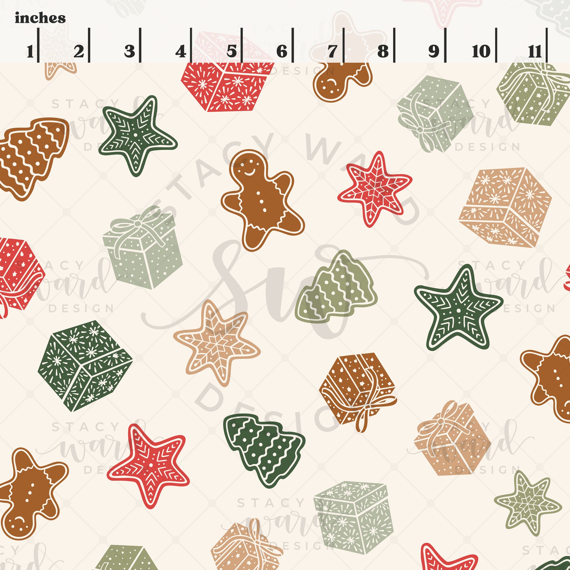 Scale reference for Christmas themed seamless pattern showing repeat size in inches