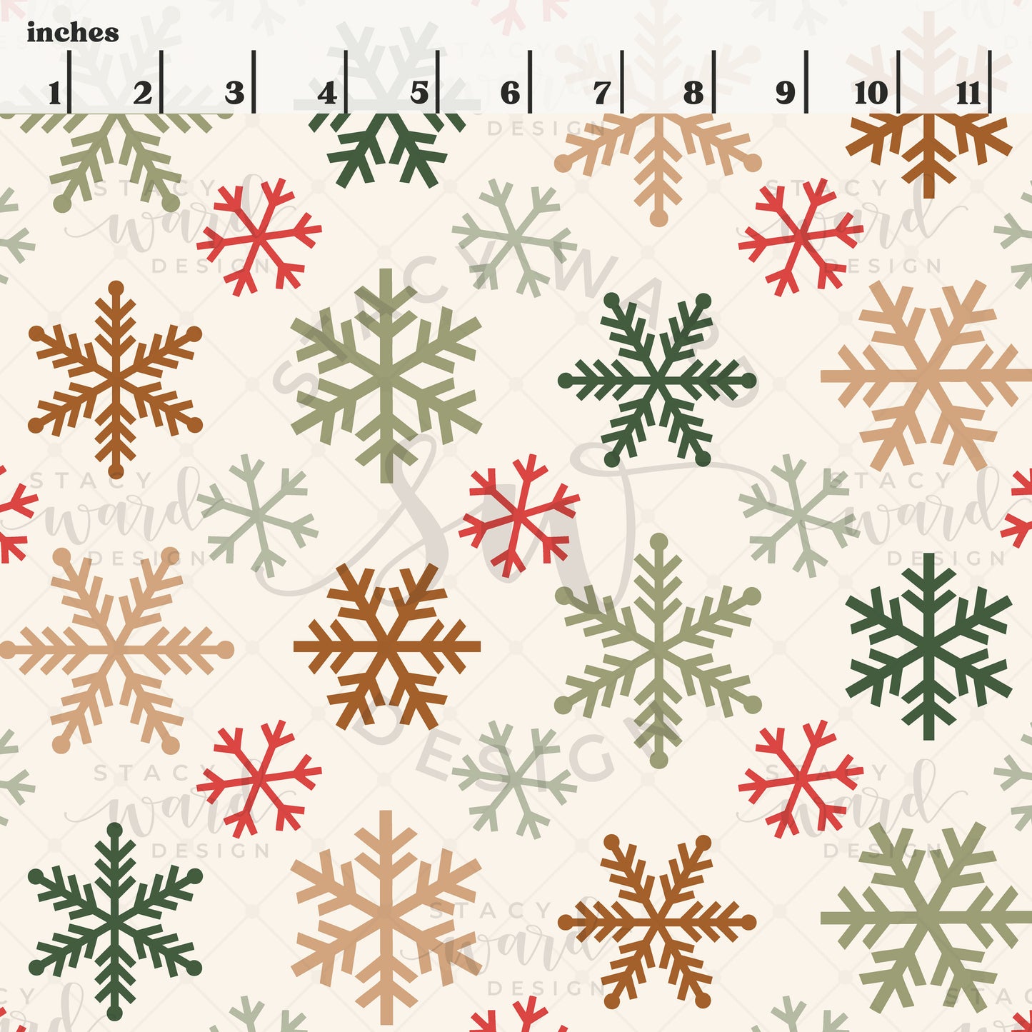 Scale reference for snowflakes seamless pattern showing repeat size in inches