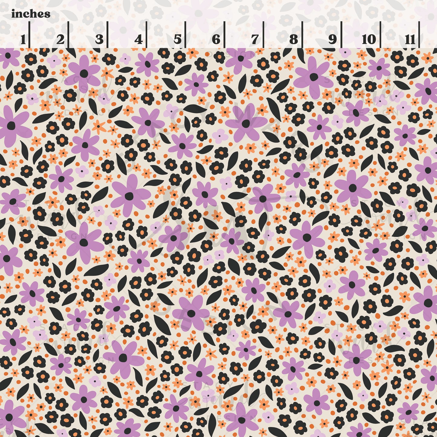 Scale reference for Halloween ditsy floral seamless pattern showing repeat size in inches