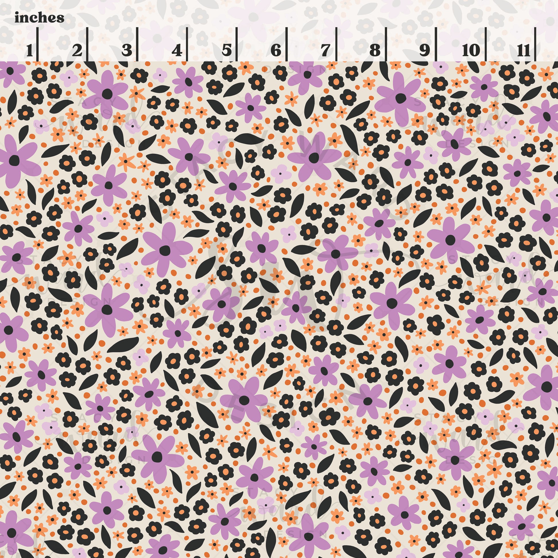 Scale reference for Halloween ditsy floral seamless pattern showing repeat size in inches
