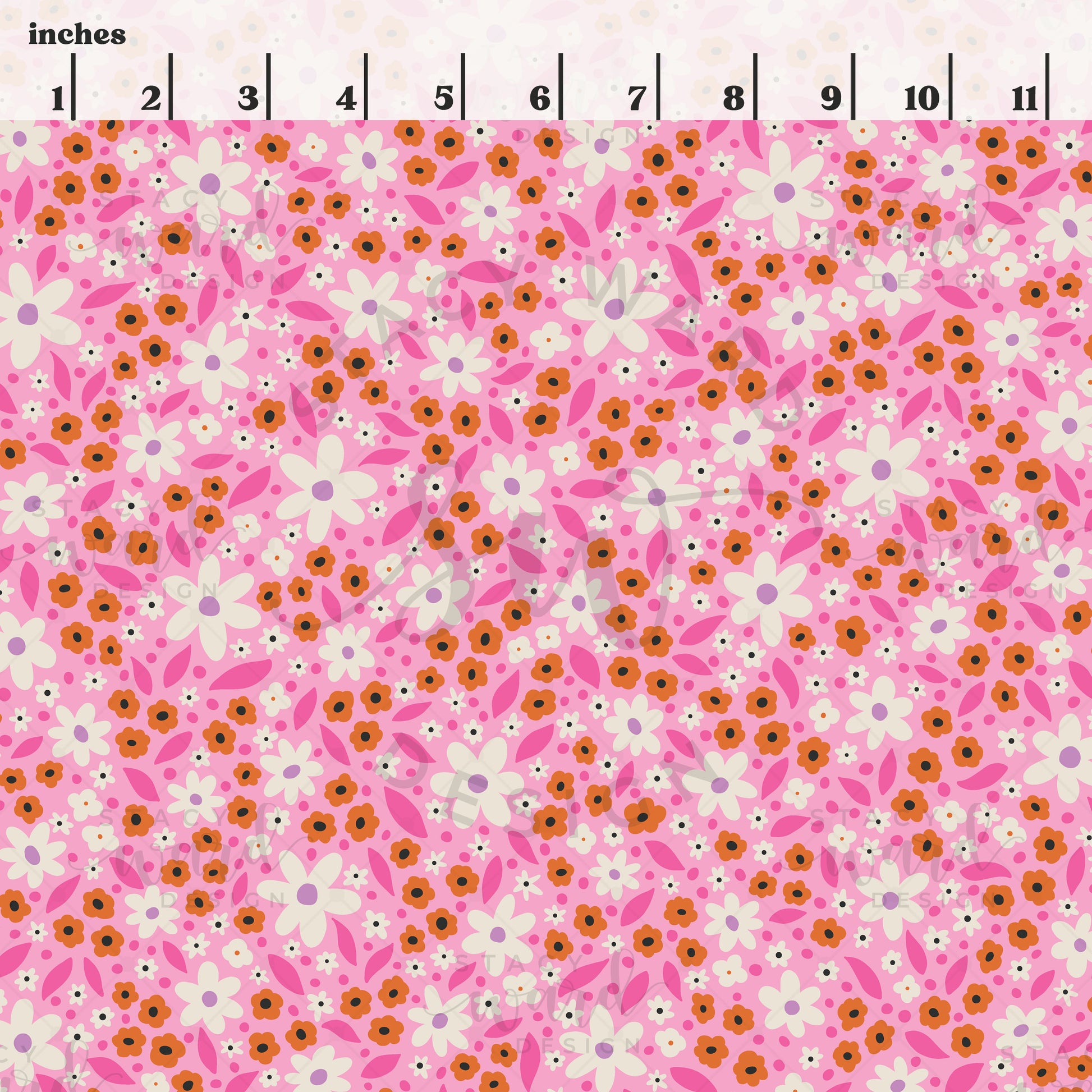 Scale reference for Halloween ditsy floral seamless pattern showing repeat size in inches