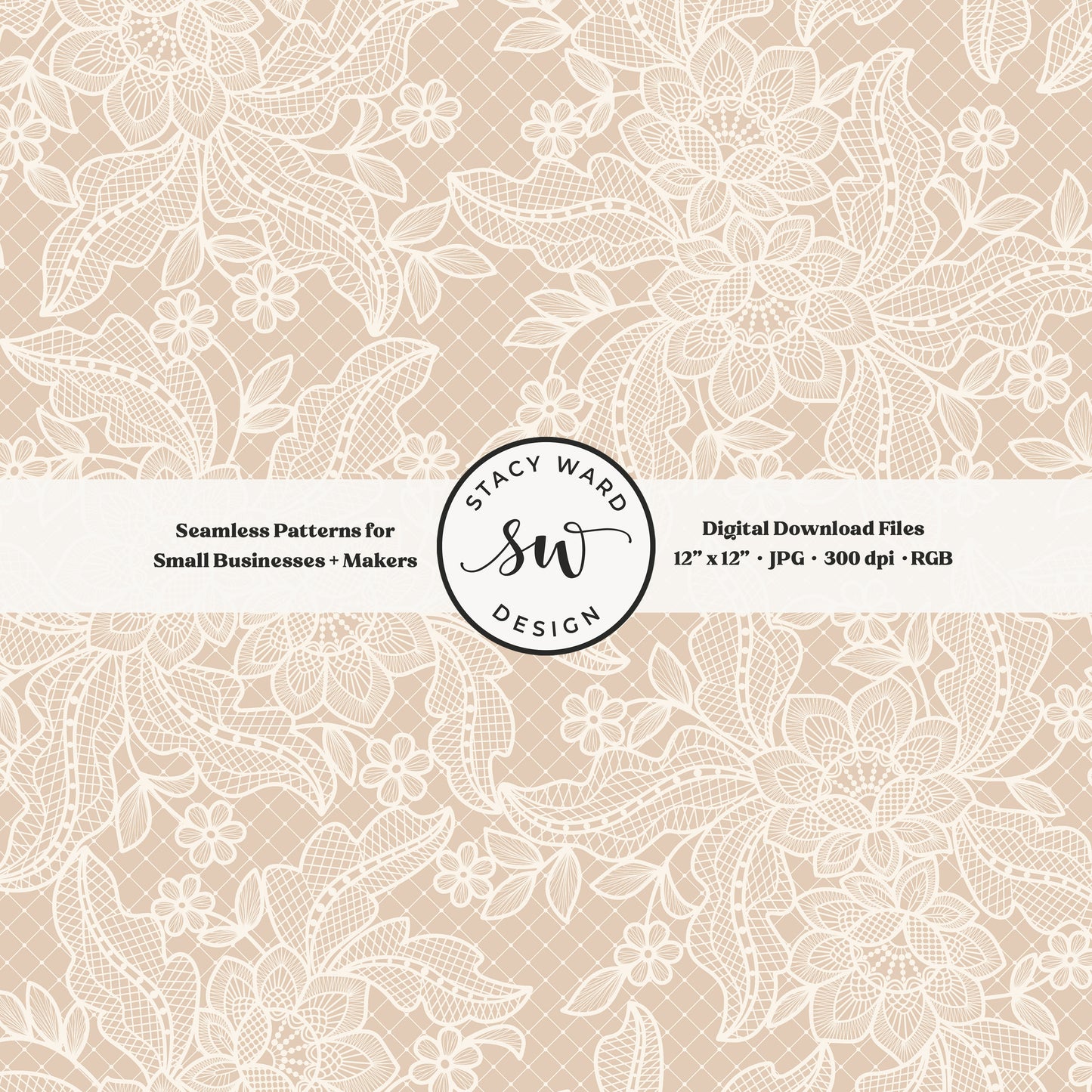 Coquette floral lace seamless pattern in vintage cream on timeless warm beige bandana handkerchief inspired faux lacework