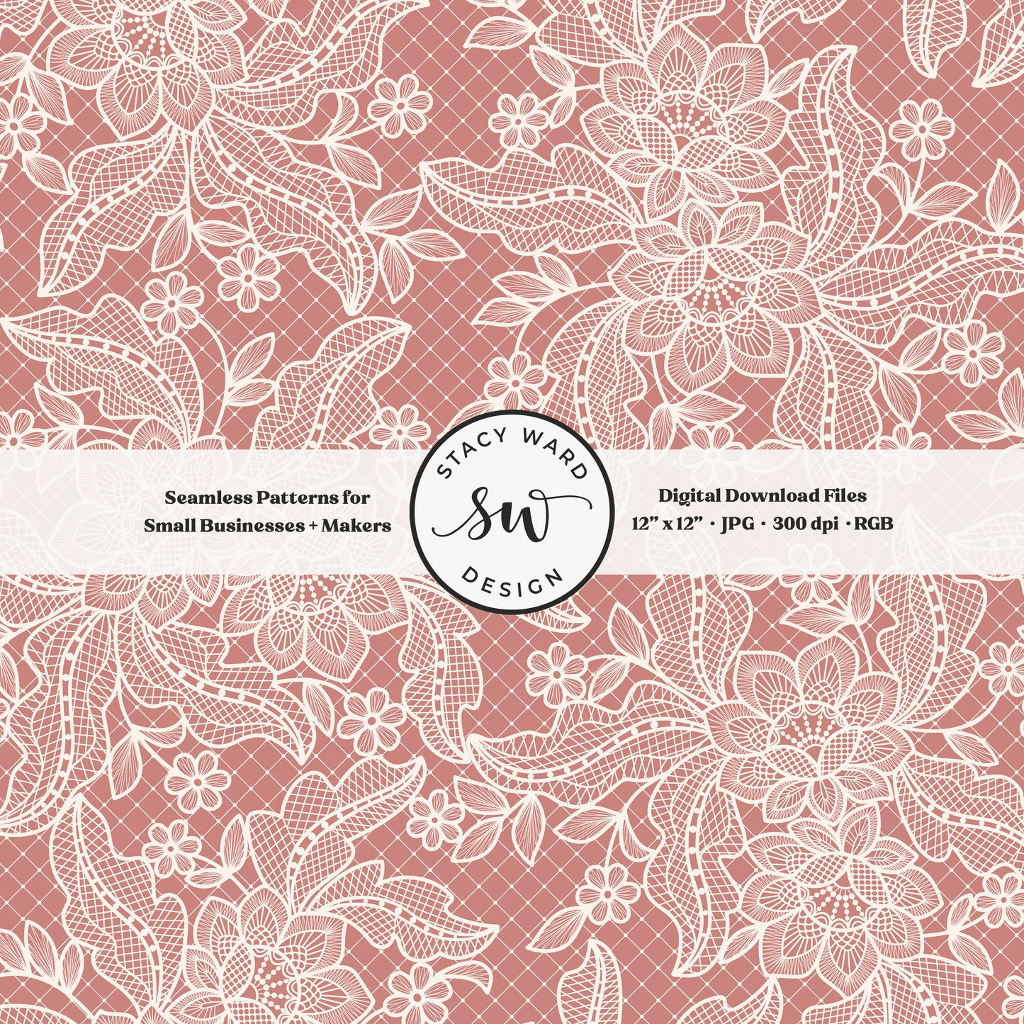 Coquette floral lace seamless pattern in vintage cream on feminine old rose bandana handkerchief inspired faux lacework