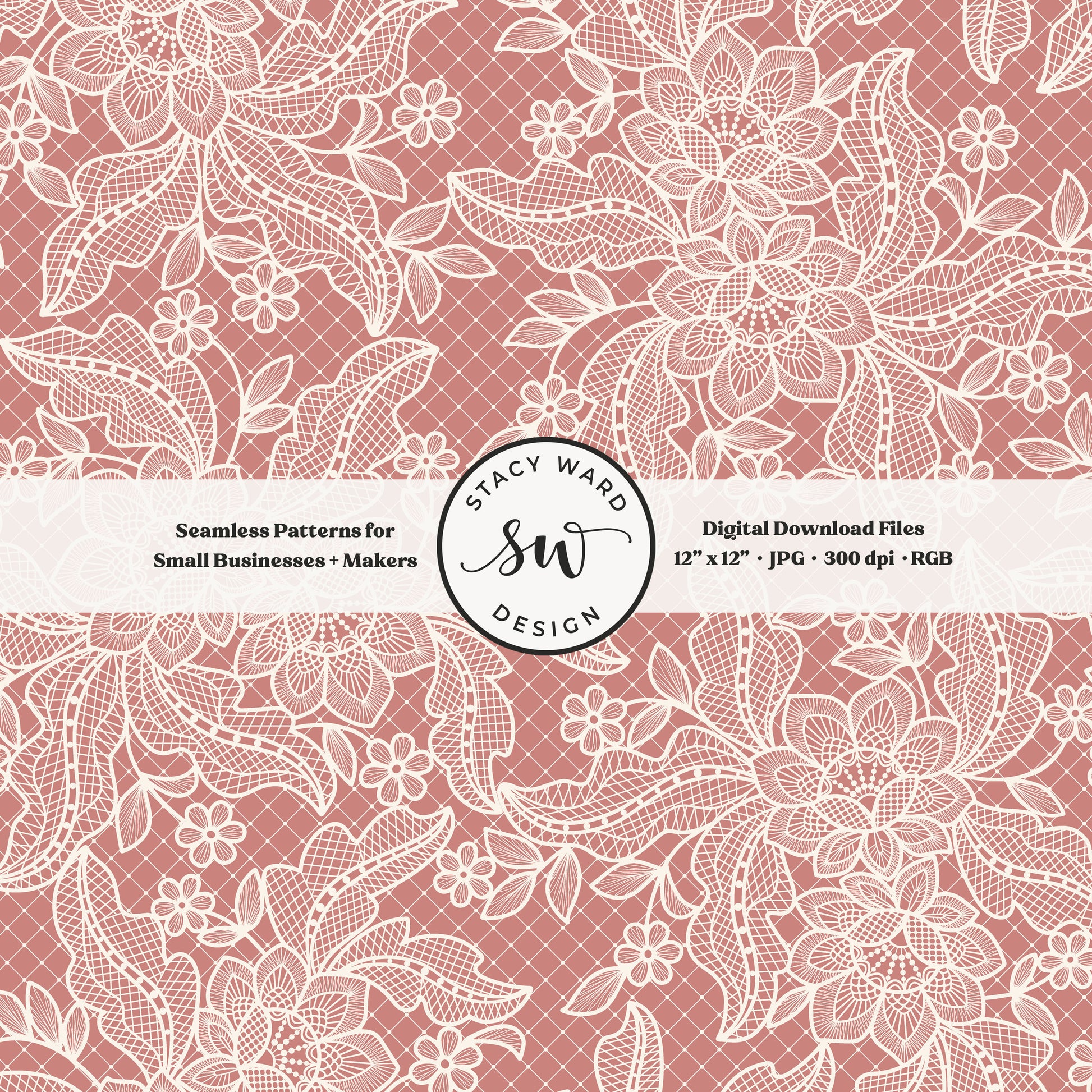 Coquette floral lace seamless pattern in vintage cream on feminine old rose bandana handkerchief inspired faux lacework
