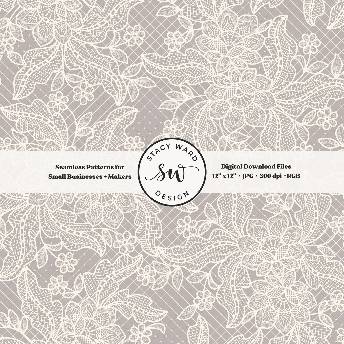 Coquette floral lace seamless pattern in vintage cream on vintage gray brown bandana handkerchief inspired faux lacework