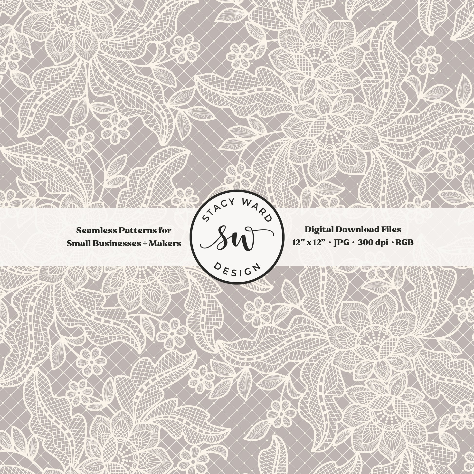 Coquette floral lace seamless pattern in vintage cream on vintage gray brown bandana handkerchief inspired faux lacework