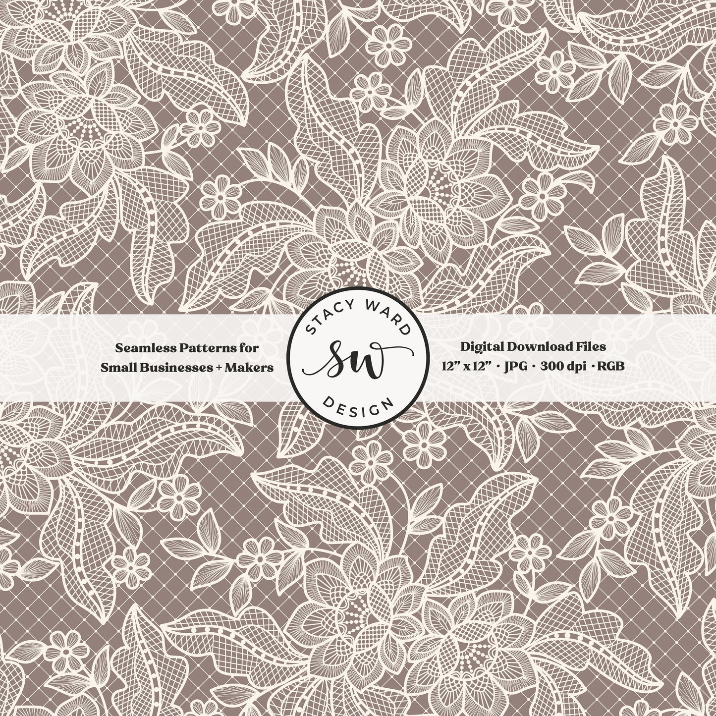 Coquette floral lace seamless pattern in vintage cream on earth tone taupe greige bandana handkerchief inspired faux lacework