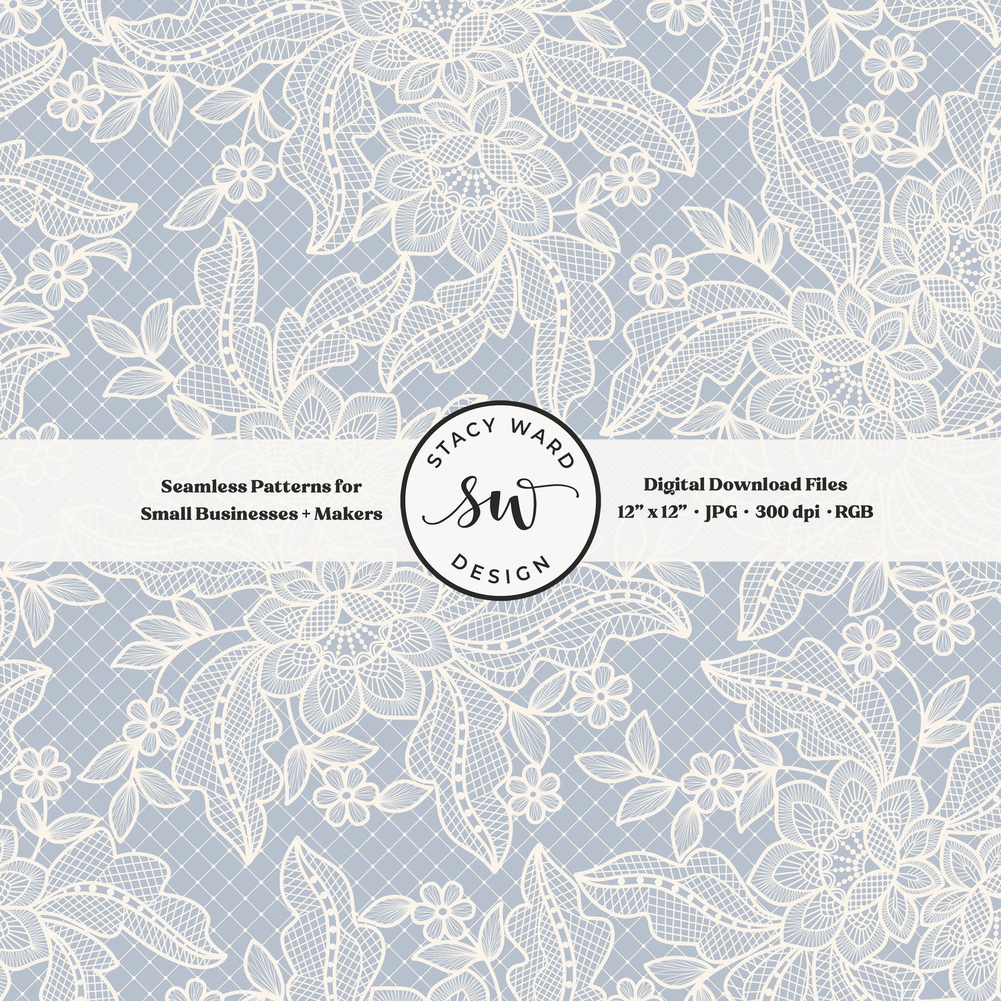 Coquette floral lace seamless pattern in vintage cream on muted pastel blue bandana handkerchief inspired faux lacework