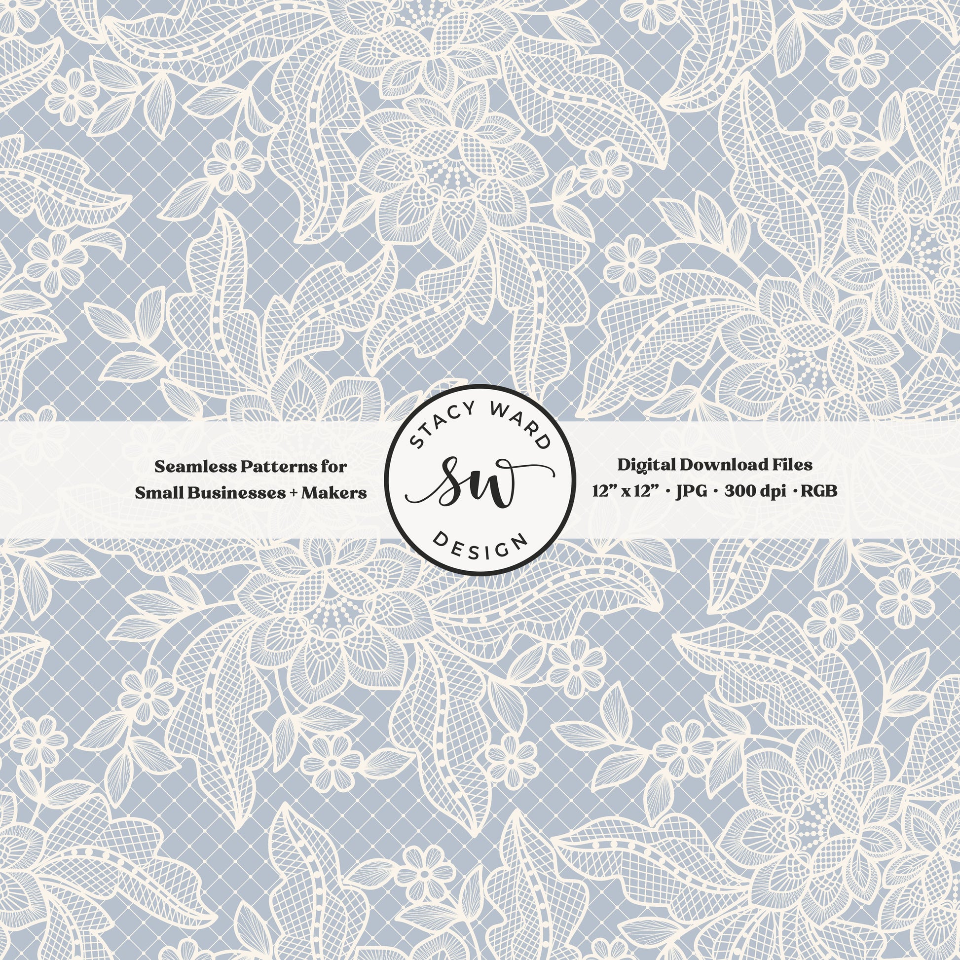 Coquette floral lace seamless pattern in vintage cream on muted pastel blue bandana handkerchief inspired faux lacework