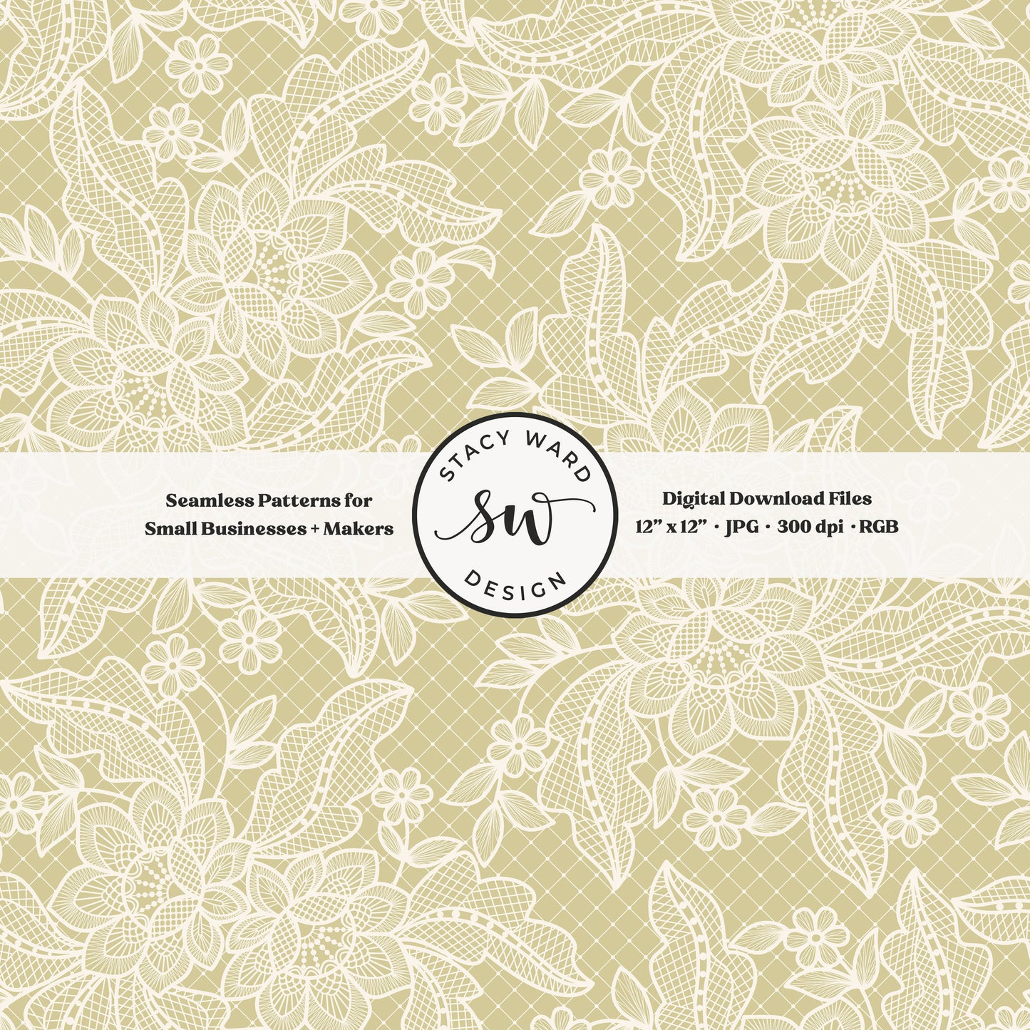 Coquette floral lace seamless pattern in vintage cream on vintage dusty yellow bandana handkerchief inspired faux lacework