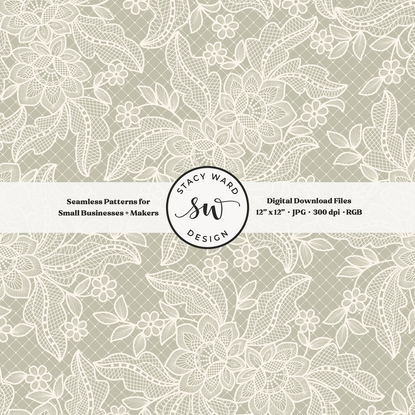 Coquette floral lace seamless pattern in vintage cream on soft sage green bandana handkerchief inspired faux lacework