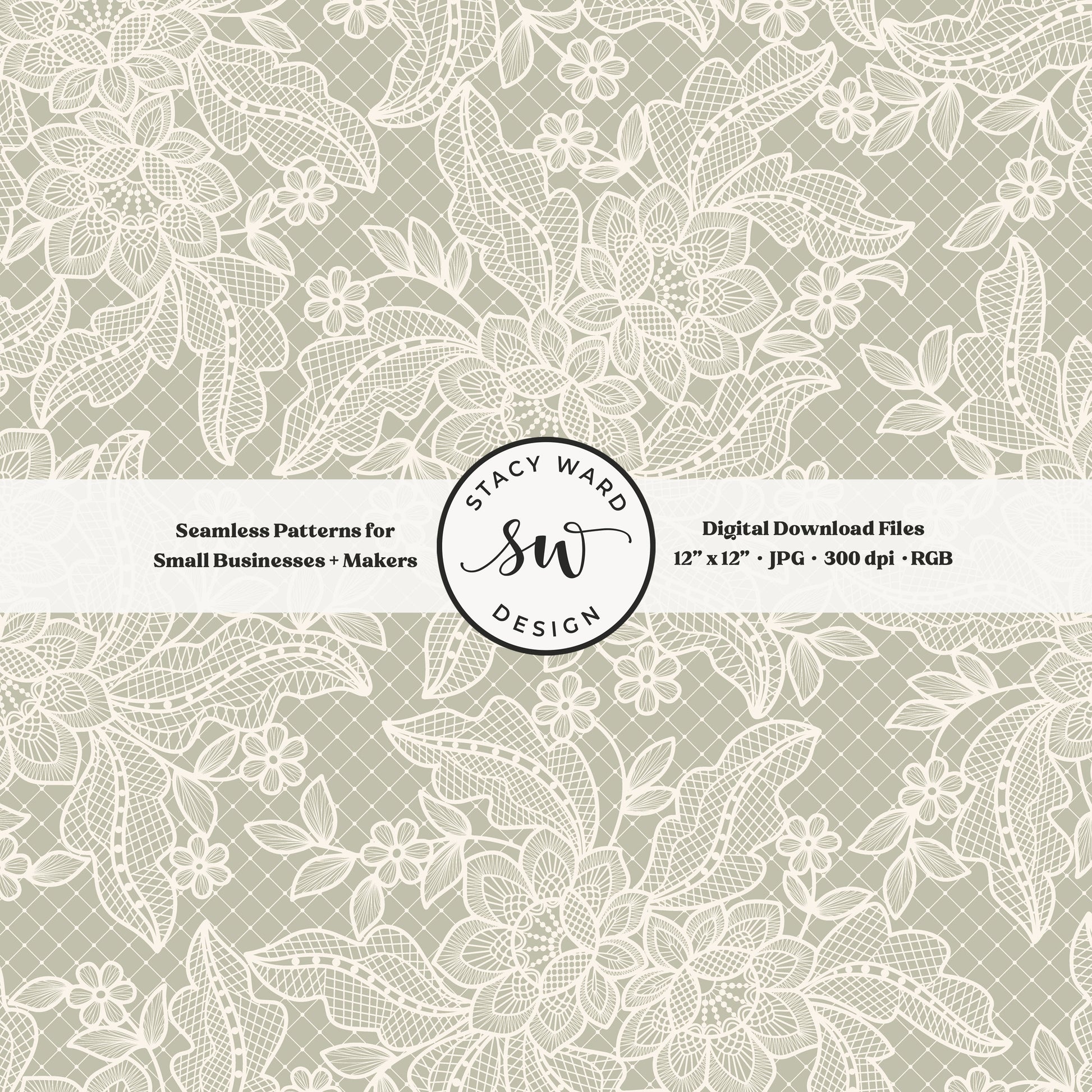 Coquette floral lace seamless pattern in vintage cream on soft sage green bandana handkerchief inspired faux lacework